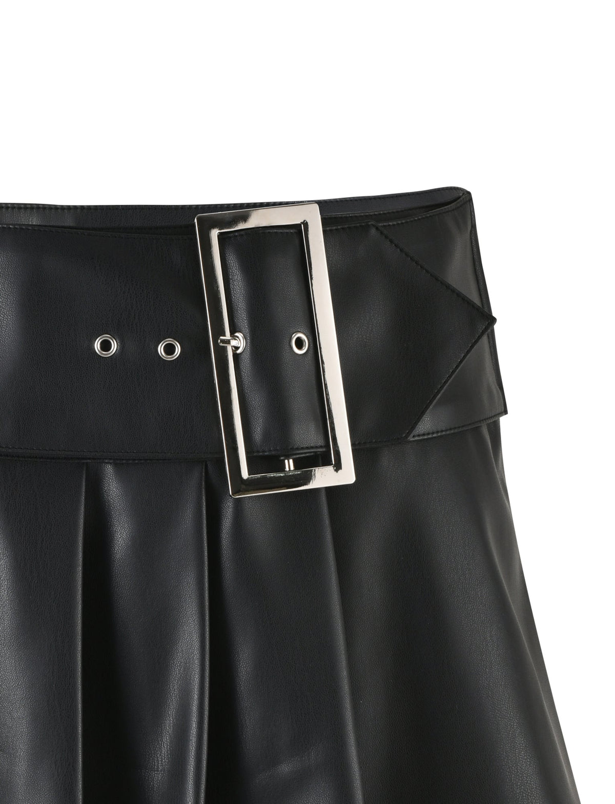 Close-up of the MERRI SKIRT - BLACK by TIGERMIST, featuring a black pleated leather design with a wide waistband adorned with a large rectangular silver buckle and two grommet holes on each side. The skirt boasts a sleek, shiny finish and a modern, structured design.