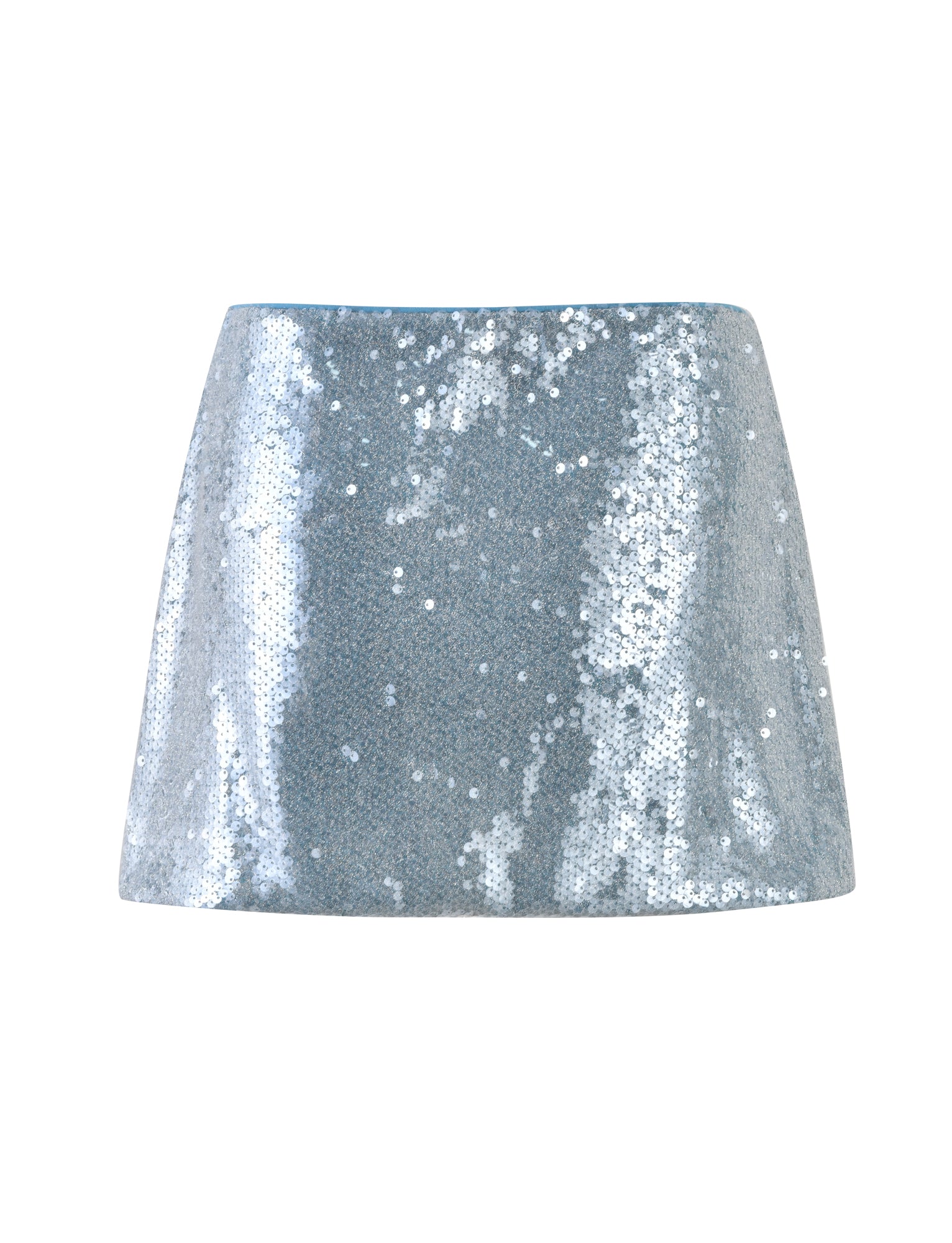 The ILYANA Skirt in Powder Blue from TIGERMIST is a short skirt with a slightly flared silhouette. It features an all-over shimmering sequin design, creating a sparkling and eye-catching effect.