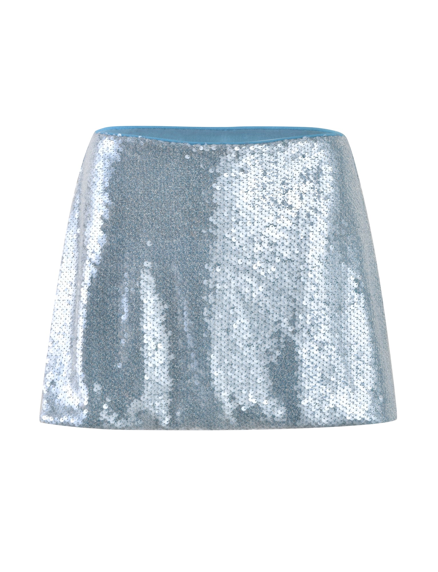 The Ilyana Skirt by Tiger Mist in Powder Blue features a slightly flared silhouette with a sparkling surface that catches the light for a glamorous effect. The design has no visible waistband, and it is showcased against a plain white background.