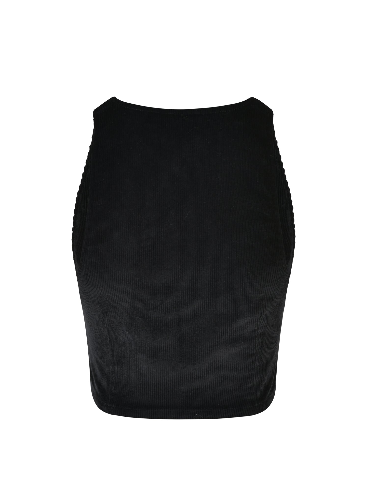 The ANEYA TOP - BLACK CORD from TIGERMIST is displayed against a plain white background, showcasing its ribbed texture. This sleeveless crop top features a high neckline and a fitted silhouette.