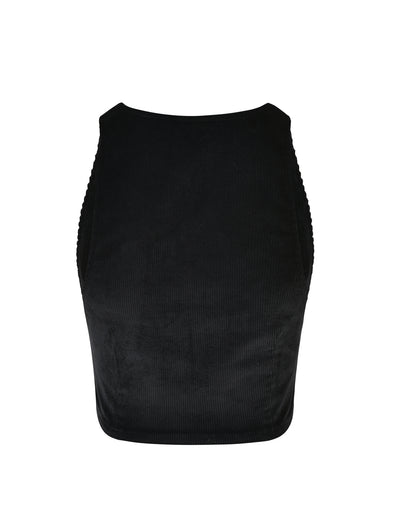 The ANEYA TOP - BLACK CORD from TIGERMIST is displayed against a plain white background, showcasing its ribbed texture. This sleeveless crop top features a high neckline and a fitted silhouette.