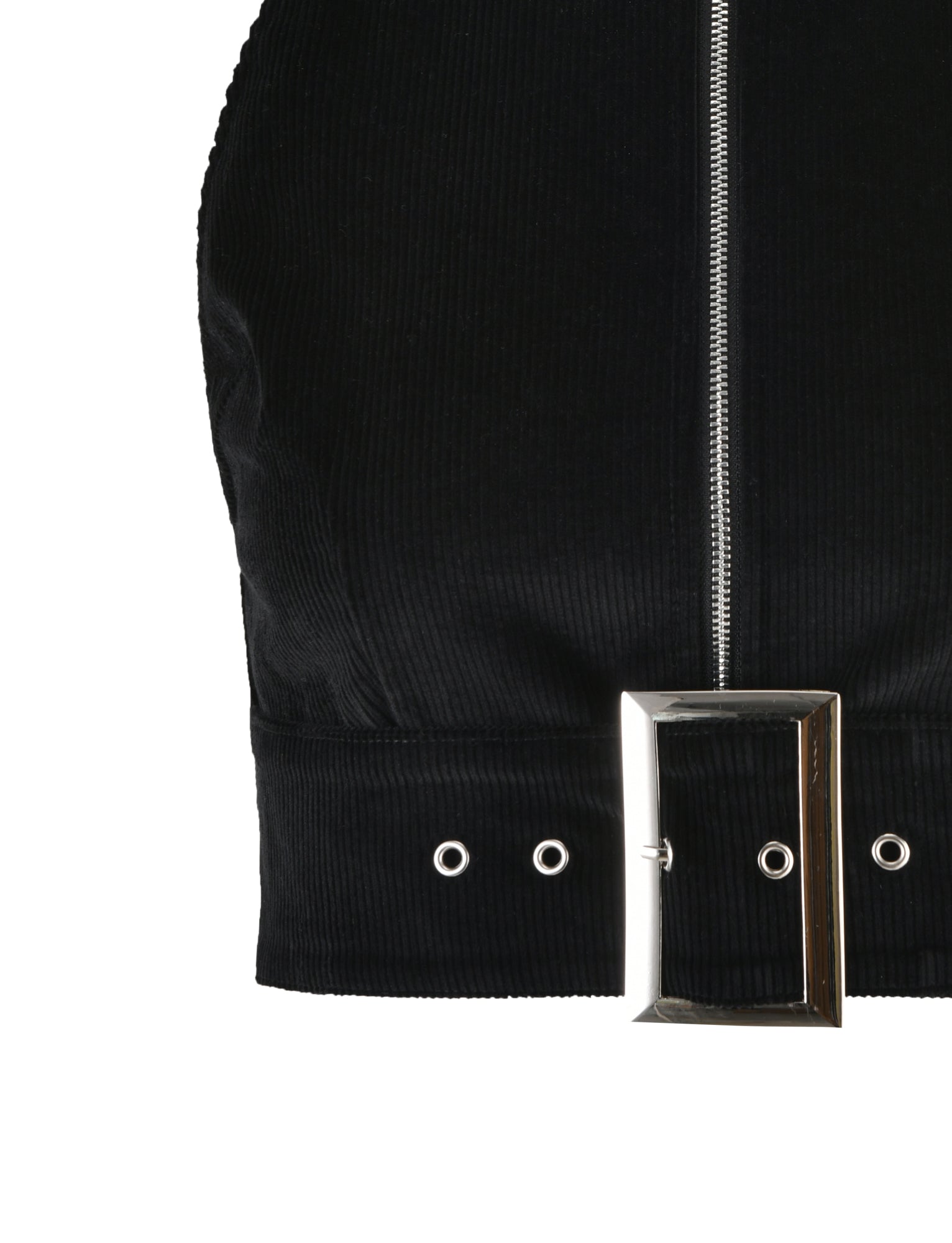 Close-up image of the ANEYA TOP - BLACK CORD from TIGERMIST, featuring a silver zipper running vertically up the center. The top also includes a silver rectangular belt buckle with grommet holes, positioned at the bottom.