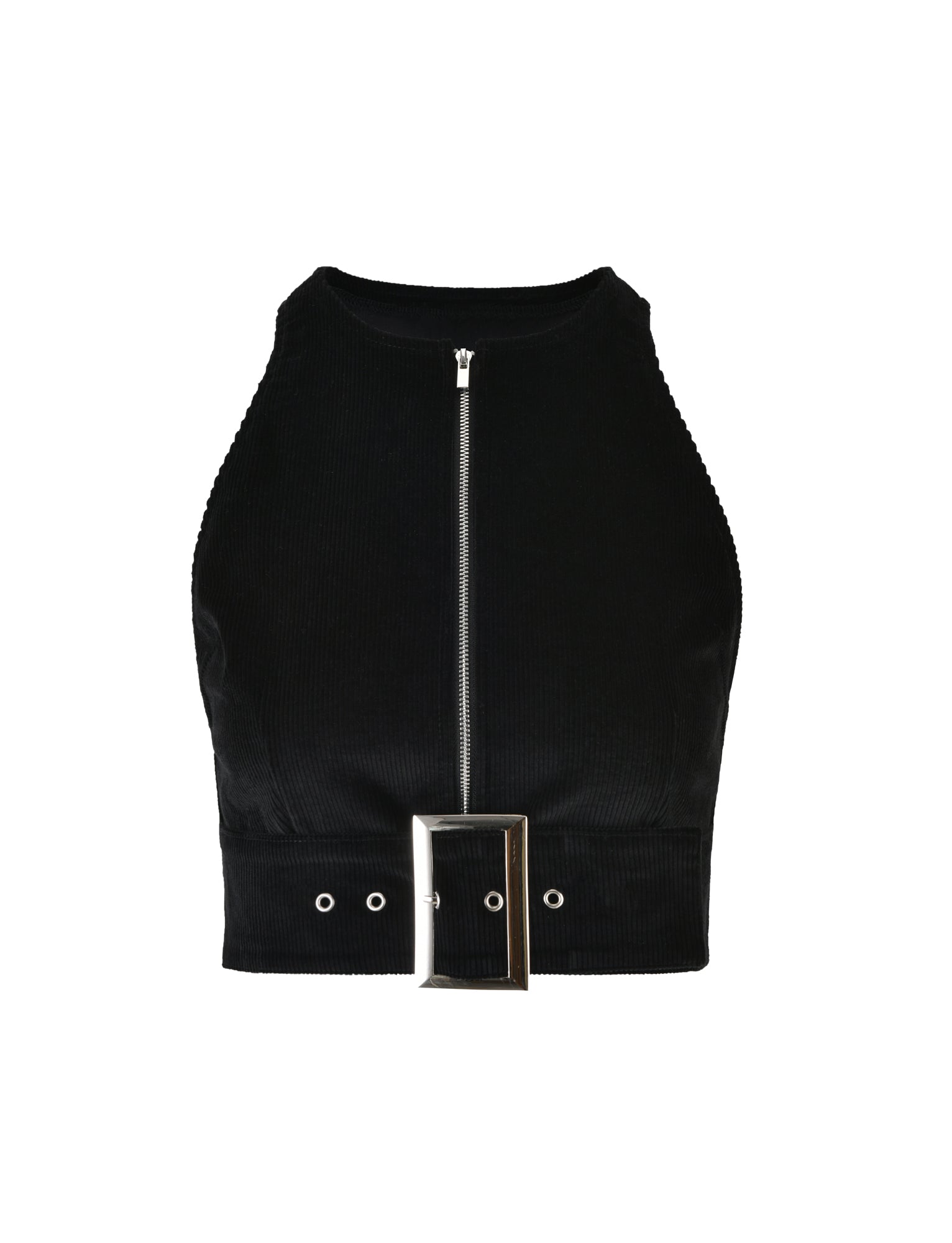 The ANEYA TOP - BLACK CORD by TIGERMIST is a black, sleeveless crop top featuring a high neckline with a front zipper. It includes a wide belt at the waist adorned with a large metallic buckle and multiple eyelets. The material looks like velvet or corduroy, reflecting TIGERMIST's edgy style.