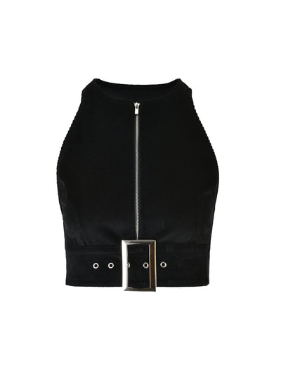 The ANEYA TOP - BLACK CORD by TIGERMIST is a black, sleeveless crop top featuring a high neckline with a front zipper. It includes a wide belt at the waist adorned with a large metallic buckle and multiple eyelets. The material looks like velvet or corduroy, reflecting TIGERMIST's edgy style.