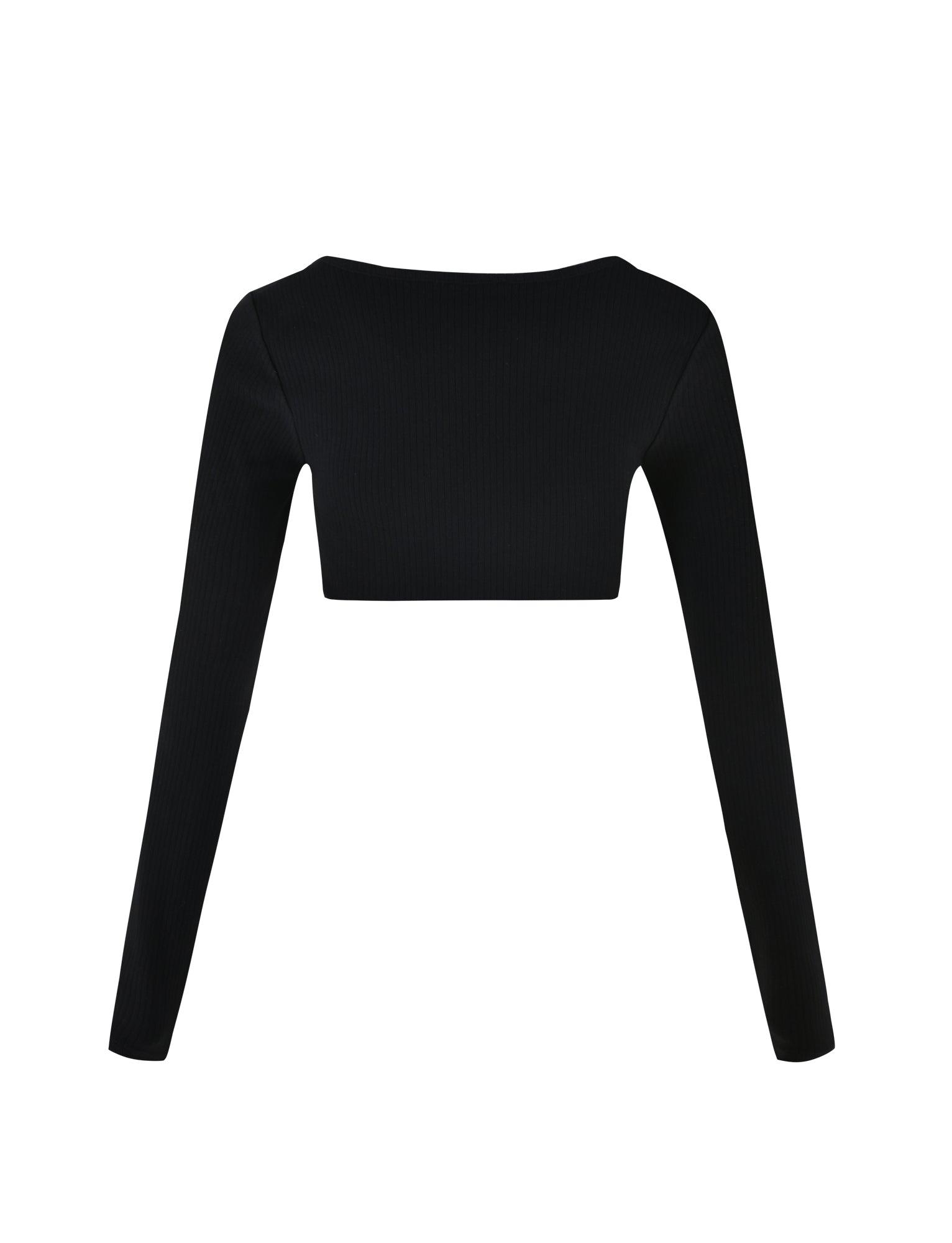 The MARYANNE TOP - BLACK from TIGERMIST is a black, long-sleeve crop top featuring a boat neckline. With its sleek, minimal design free of patterns or embellishments, the fitted sleeves and ribbed material add to its stylish appeal. Photographed on a white background.