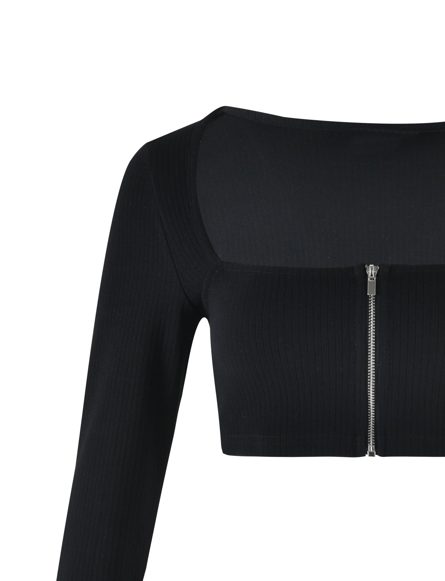 The TIGERMIST MARYANNE TOP - BLACK is a stylish black, long-sleeved crop top featuring a square neckline and a vertically positioned silver zipper at the center front. The fabric has a slightly ribbed texture that enhances its feel. The top section is structured, while the sleeves are designed to be form-fitting.