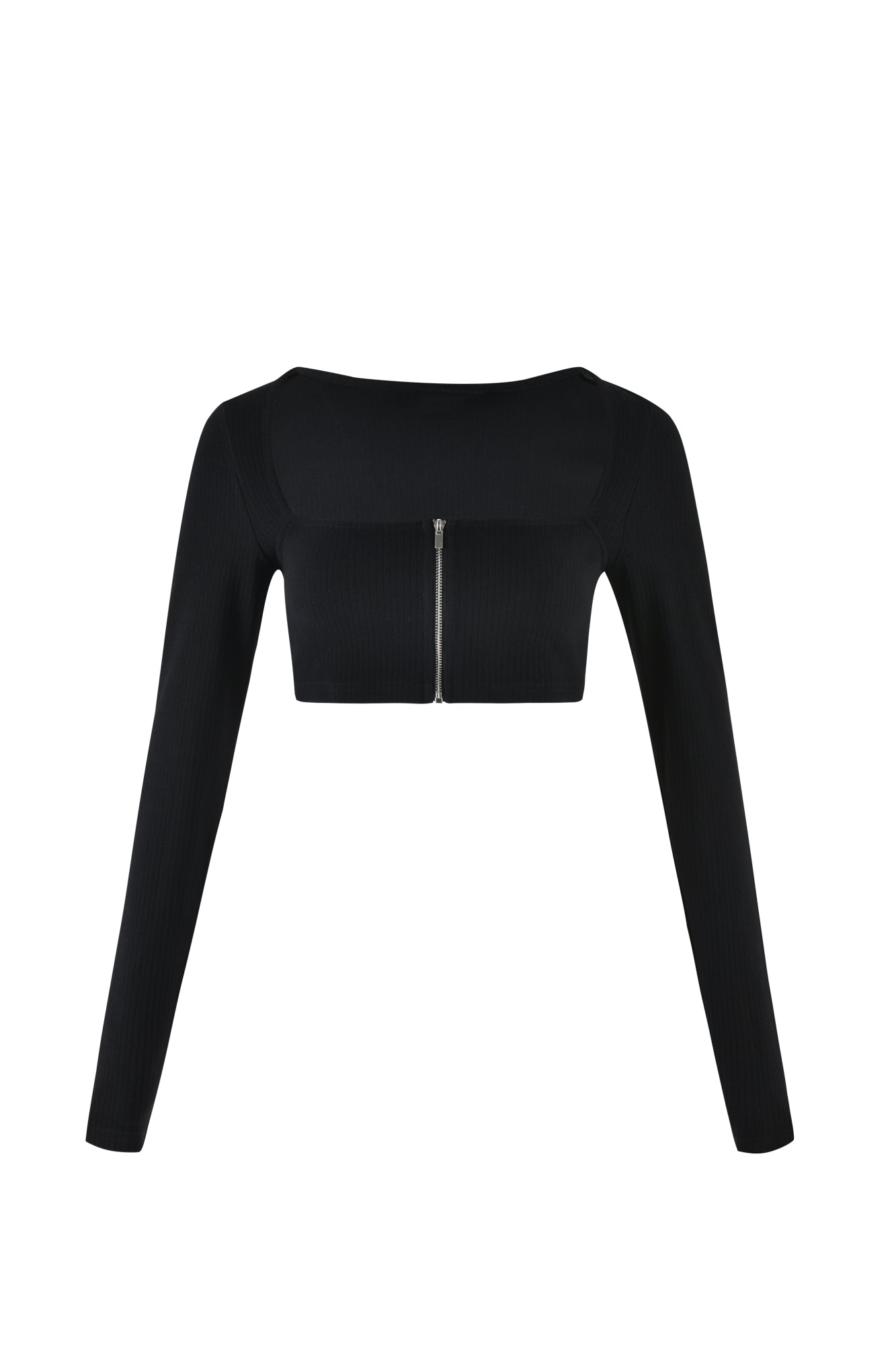The MARYANNE TOP - BLACK from TIGERMIST is a sleek and fitted, black long-sleeved crop top featuring a square neckline and vertical front zipper closure. The fabric has a ribbed texture, and the zipper extends from the bottom of the top to just below the neckline.