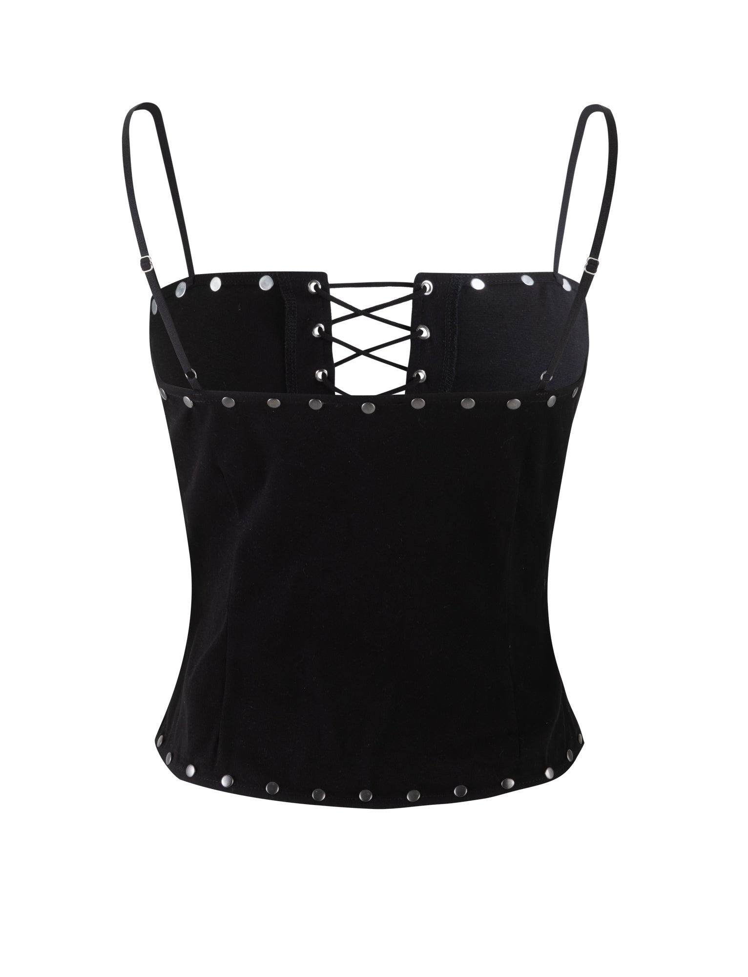 The KERI TOP - BLACK by TIGERMIST is a black corset-style top featuring thin straps, a lace-up front, and silver rivet detailing along the top and bottom edges. Crafted from fabric that appears to be velvet or suede, its fitted and structured design delivers a sleek, edgy look.
