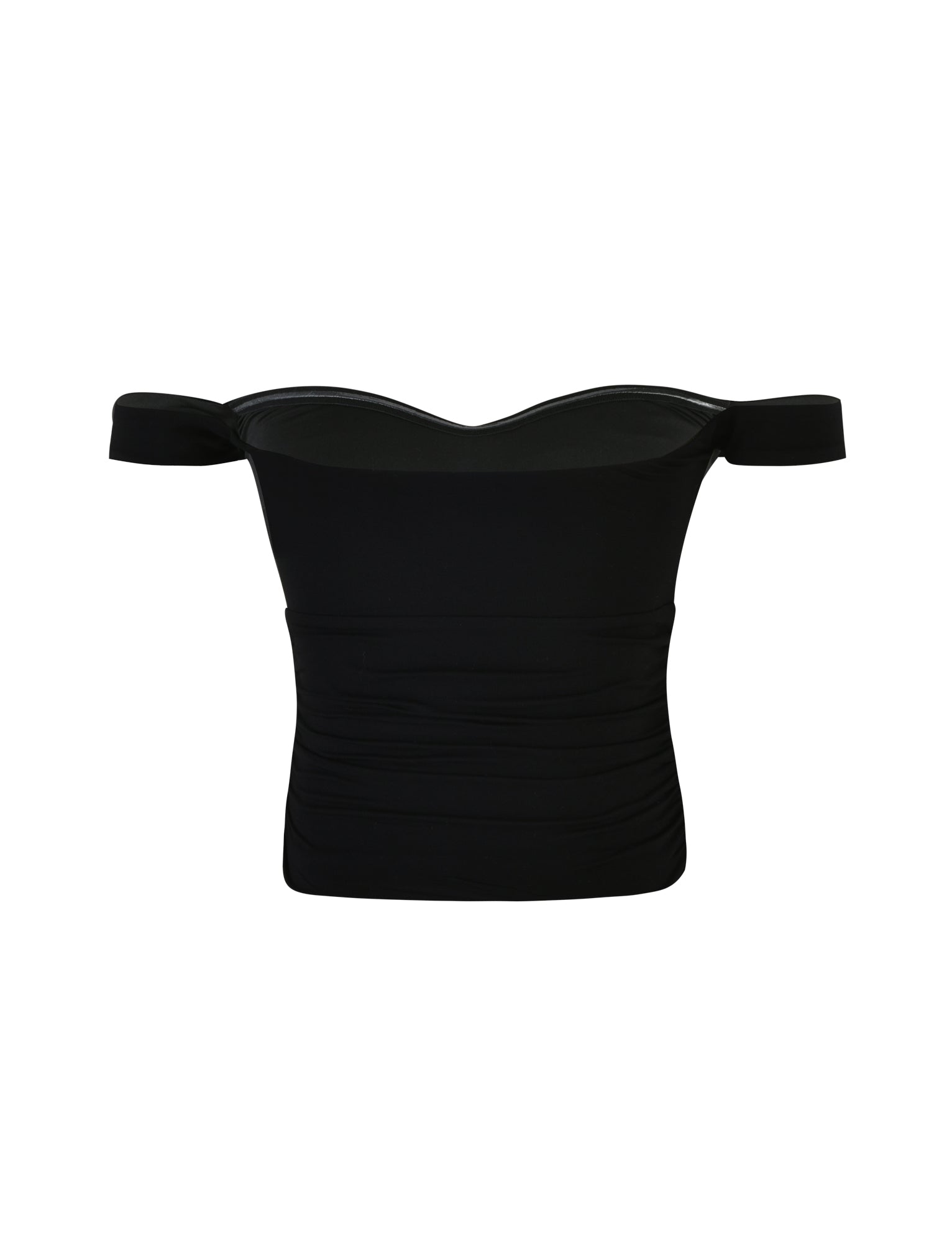 The SAFAA TOP - BLACK from TIGERMIST is a black off-shoulder crop top designed with short sleeves. The fabric appears soft and form-fitting, featuring subtle ruching on the sides for a textured look. It also has a sweetheart neckline, adding an elegant touch.