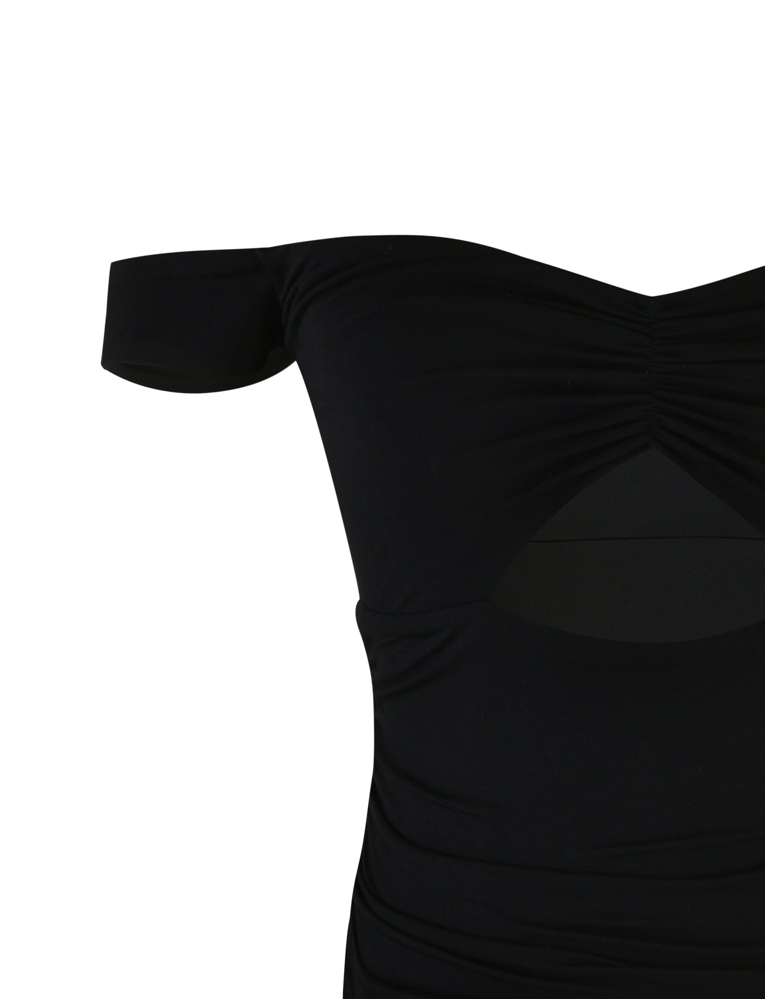 A close-up of the SAFAA TOP in black by TIGERMIST on a white background. The top features ruched detailing at the bust and a cut-out design just below the chest area. The fabric appears to be form-fitting and smooth.