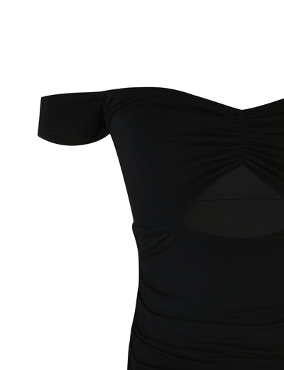 A close-up of the SAFAA TOP in black by TIGERMIST on a white background. The top features ruched detailing at the bust and a cut-out design just below the chest area. The fabric appears to be form-fitting and smooth.