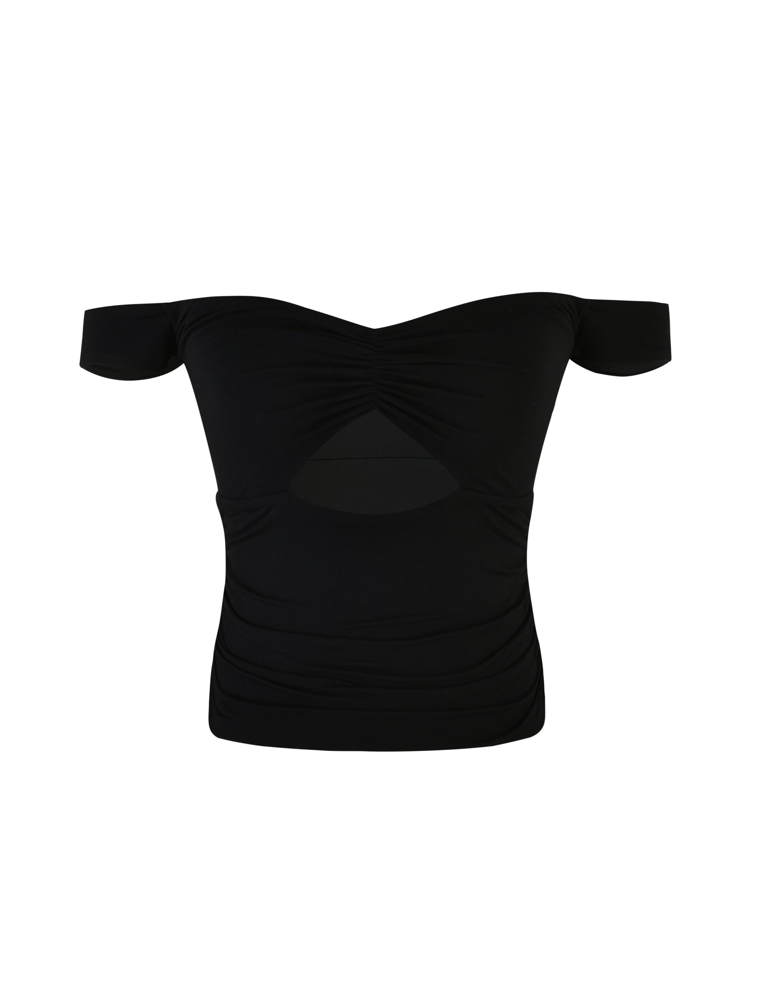The SAFAA TOP - BLACK by TIGERMIST is an off-the-shoulder top with short sleeves and a twisted front detail just below the neckline. It features a fitted, ruched design that gathers slightly at the sides for a sleek silhouette.