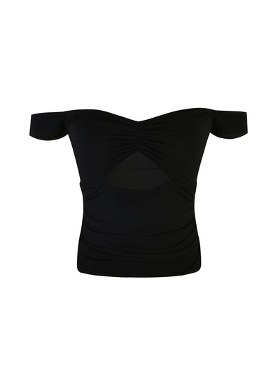 The SAFAA TOP - BLACK by TIGERMIST is an off-the-shoulder top with short sleeves and a twisted front detail just below the neckline. It features a fitted, ruched design that gathers slightly at the sides for a sleek silhouette.