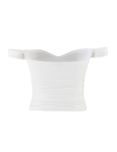 The SAFAA TOP - WHITE from TIGERMIST is an elegantly simple, fitted women's top featuring a white off-the-shoulder design with short sleeves. The fabric is slightly ruched, adding a textured look, and the slightly curved neckline completes the sophisticated style.