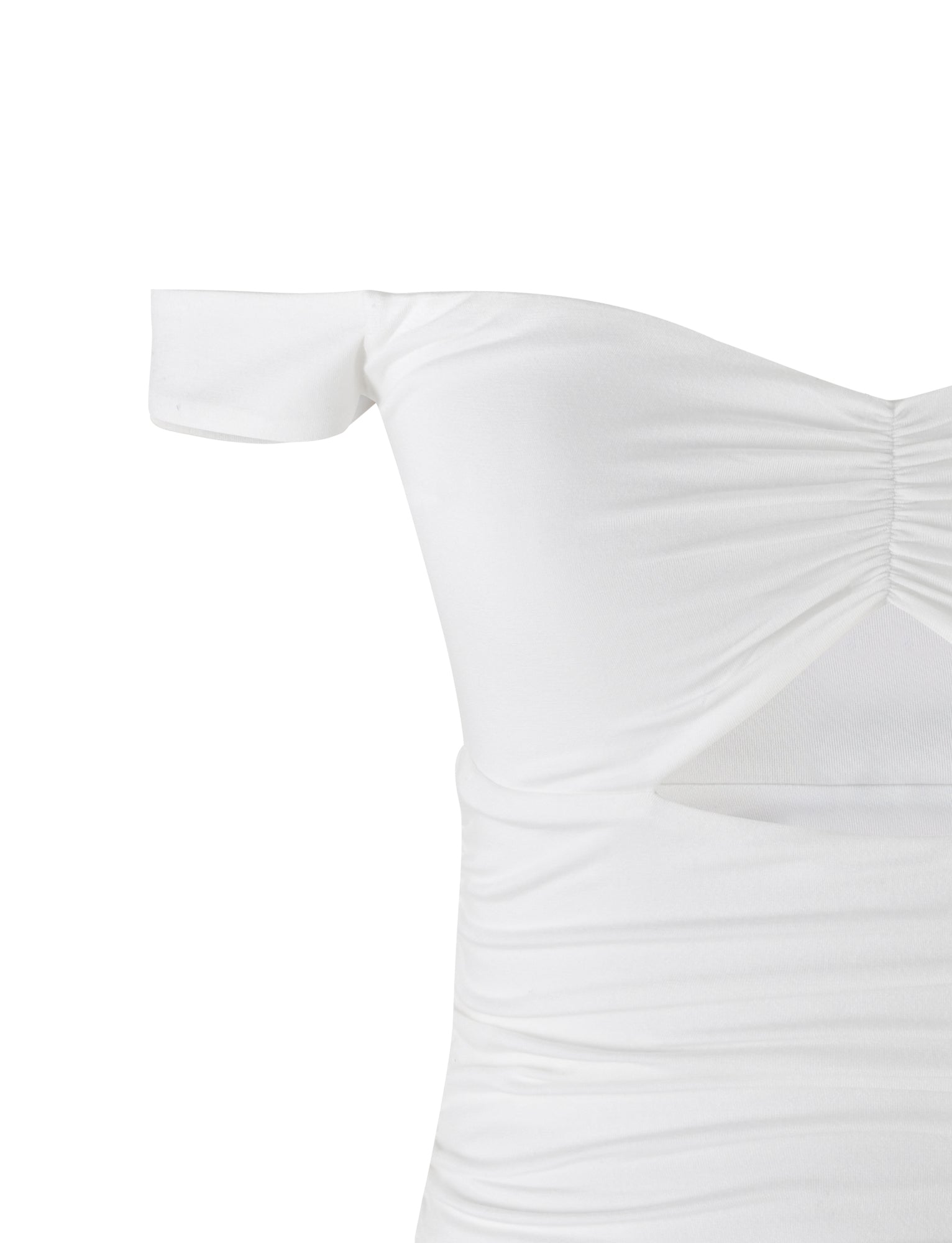 Close-up of the SAFAA TOP - WHITE by TIGERMIST, featuring a ruched detail in the center of the bust and a triangular cut-out just below it. The fabric is stretchy and form-fitting, with gentle gathers along the sides.