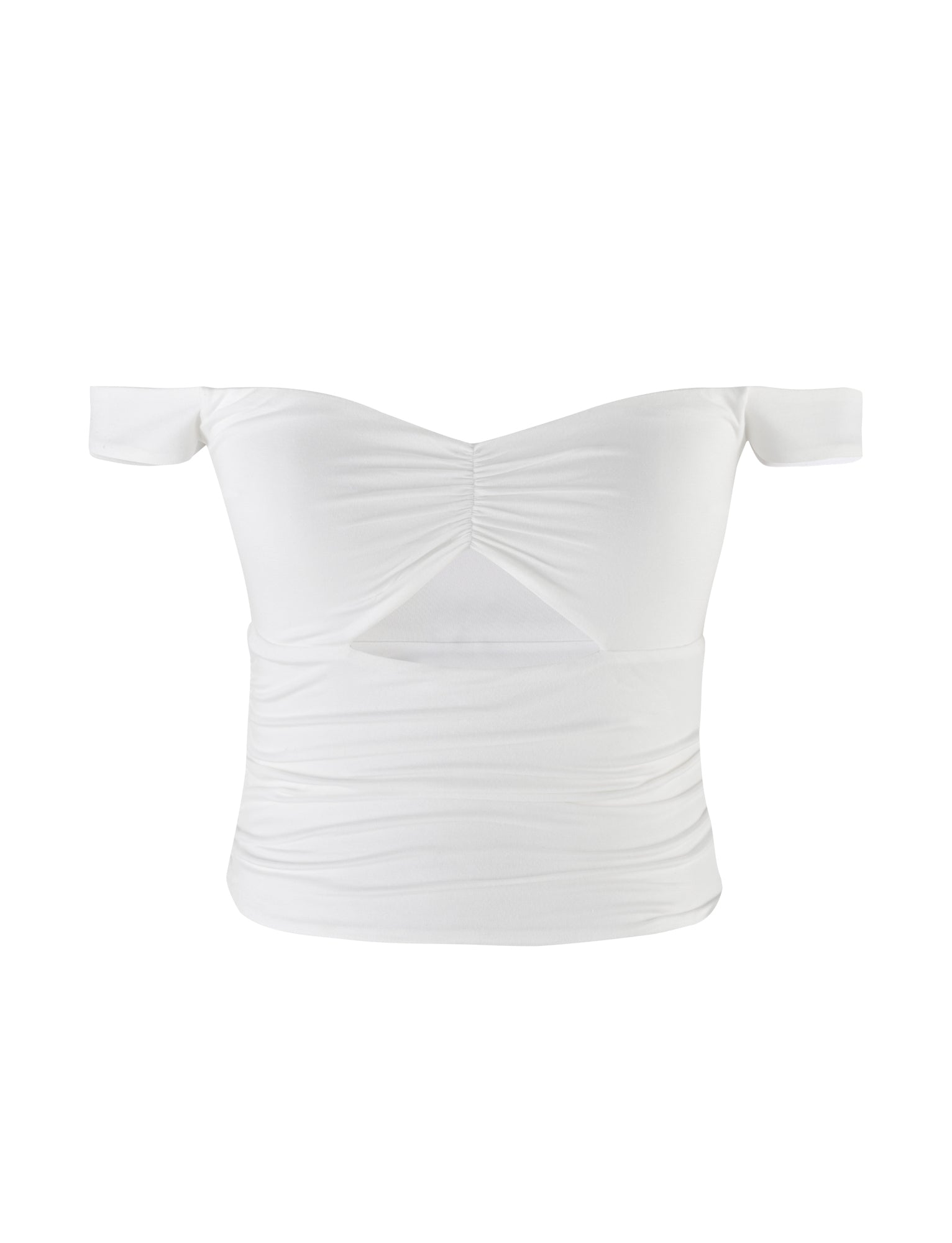 The SAFAA TOP - WHITE from TIGERMIST is an off-the-shoulder crop top featuring a ruched design at the bust. This chic piece has short, draped sleeves and a subtle cutout detail below the chest. Made with smooth, fitted fabric, it offers a snug fit around the waist.