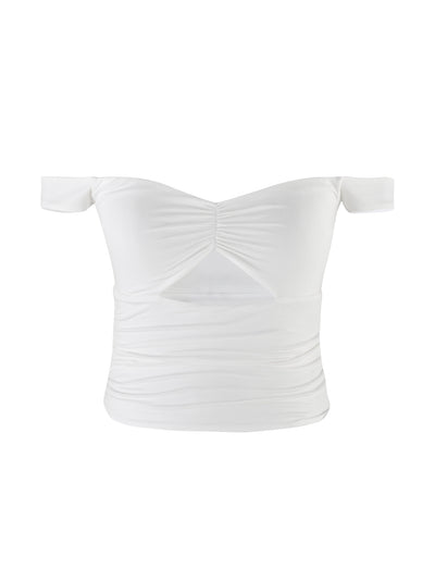 The SAFAA TOP - WHITE from TIGERMIST is an off-the-shoulder crop top featuring a ruched design at the bust. This chic piece has short, draped sleeves and a subtle cutout detail below the chest. Made with smooth, fitted fabric, it offers a snug fit around the waist.
