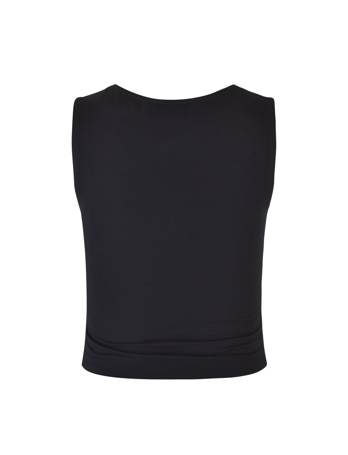 Here is the revised sentence using the given product data:
"A simple, black sleeveless crop top viewed from the back. The TIGERMIST KATO TOP - BLACK features a sleek, smooth design with no visible patterns or logos. The stretchy, fitted fabric ends just above the waist.