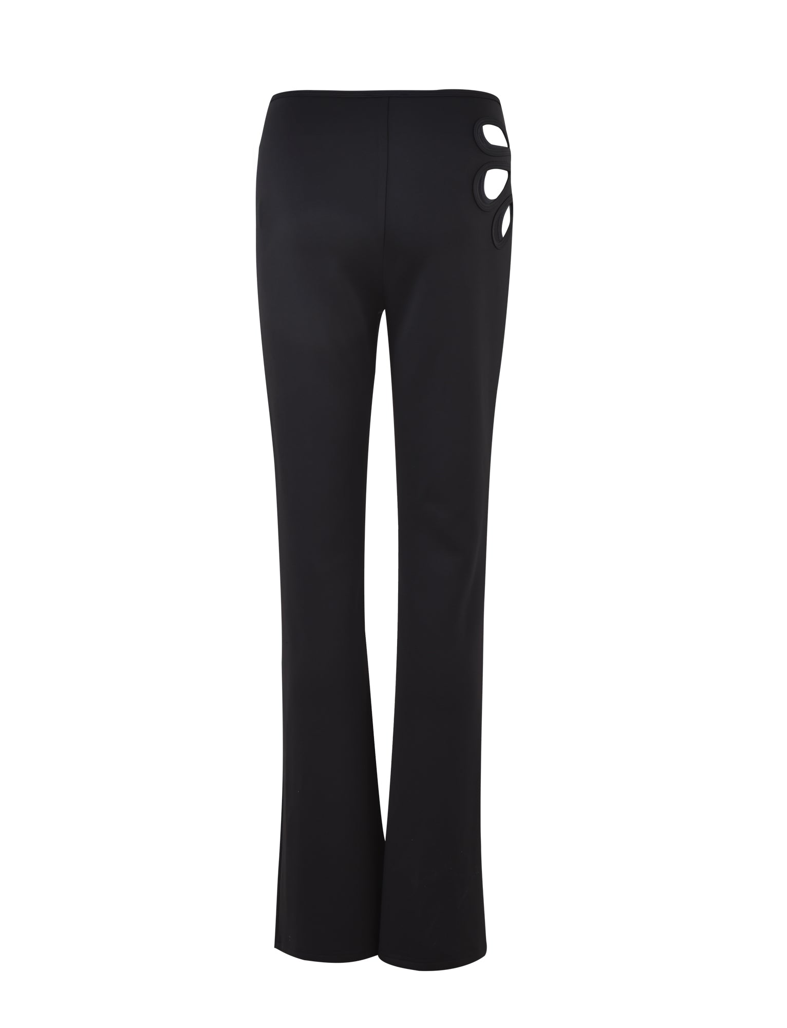The KATO PANT - BLACK by TIGERMIST is showcased from the back, highlighting its straight-leg design and unique cut-out details on the right upper side near the waistband. The cut-outs form three oval shapes, adding a distinctive fashion element to these stylish pants.