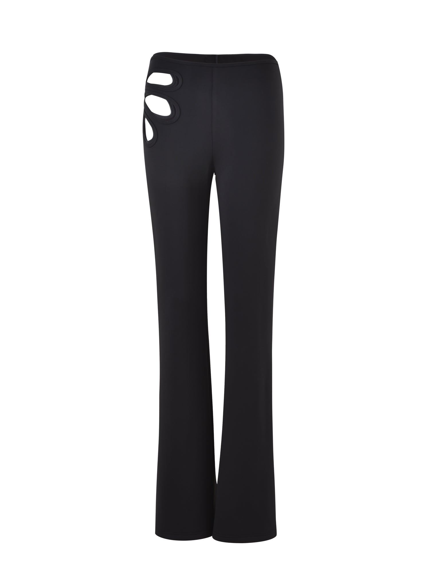 The KATO PANT - BLACK by TIGERMIST is showcased from the back, highlighting its unique cutout details on the upper right side for a stylish and modern design. The fabric appears smooth and the pants feature a straight-leg fit.