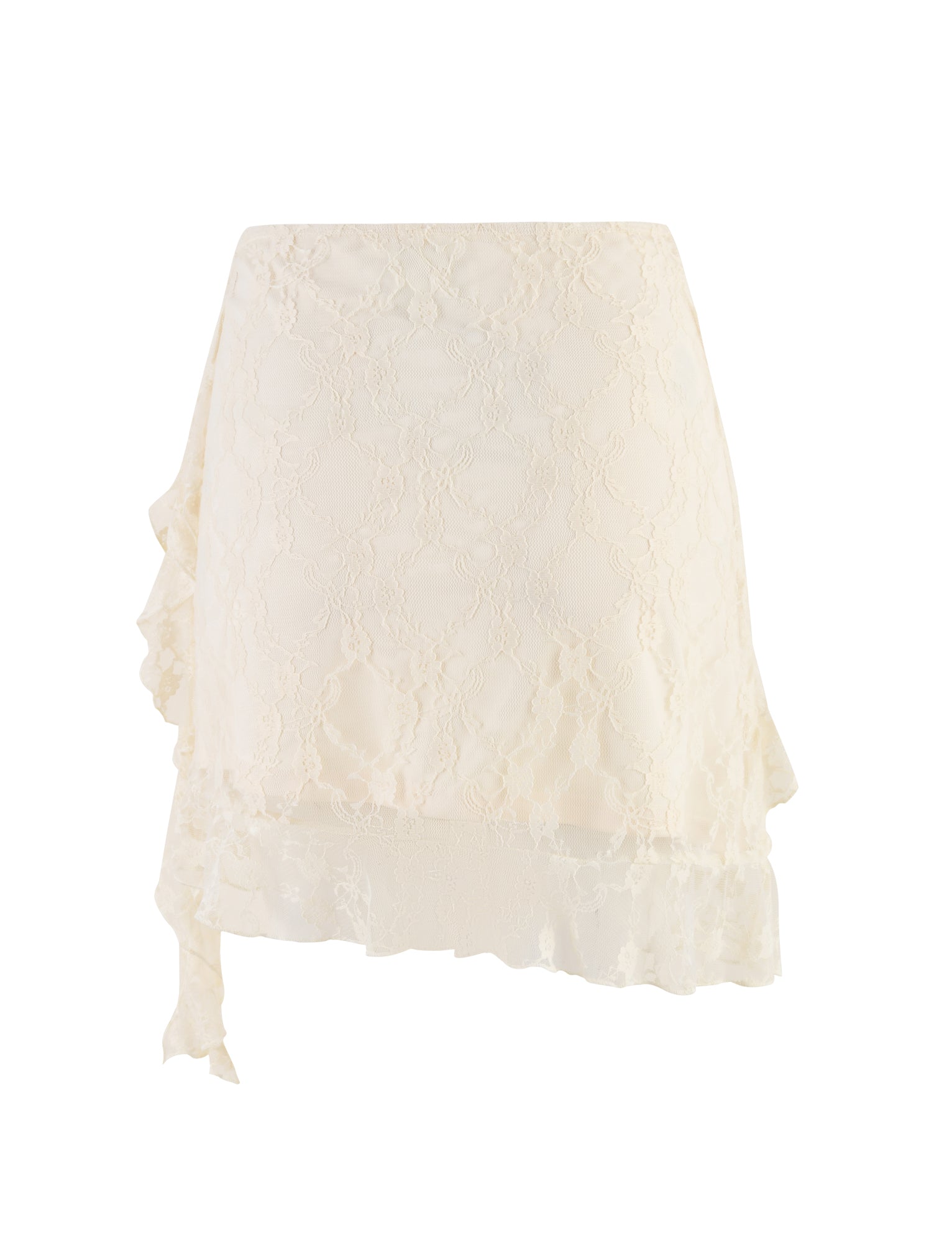 The STORMI LACE SKIRT by TIGERMIST in beige champagne lace features a scalloped hemline and an asymmetrical ruffle detail on the side, adorned with a delicate floral lace pattern that imparts a feminine and elegant look.