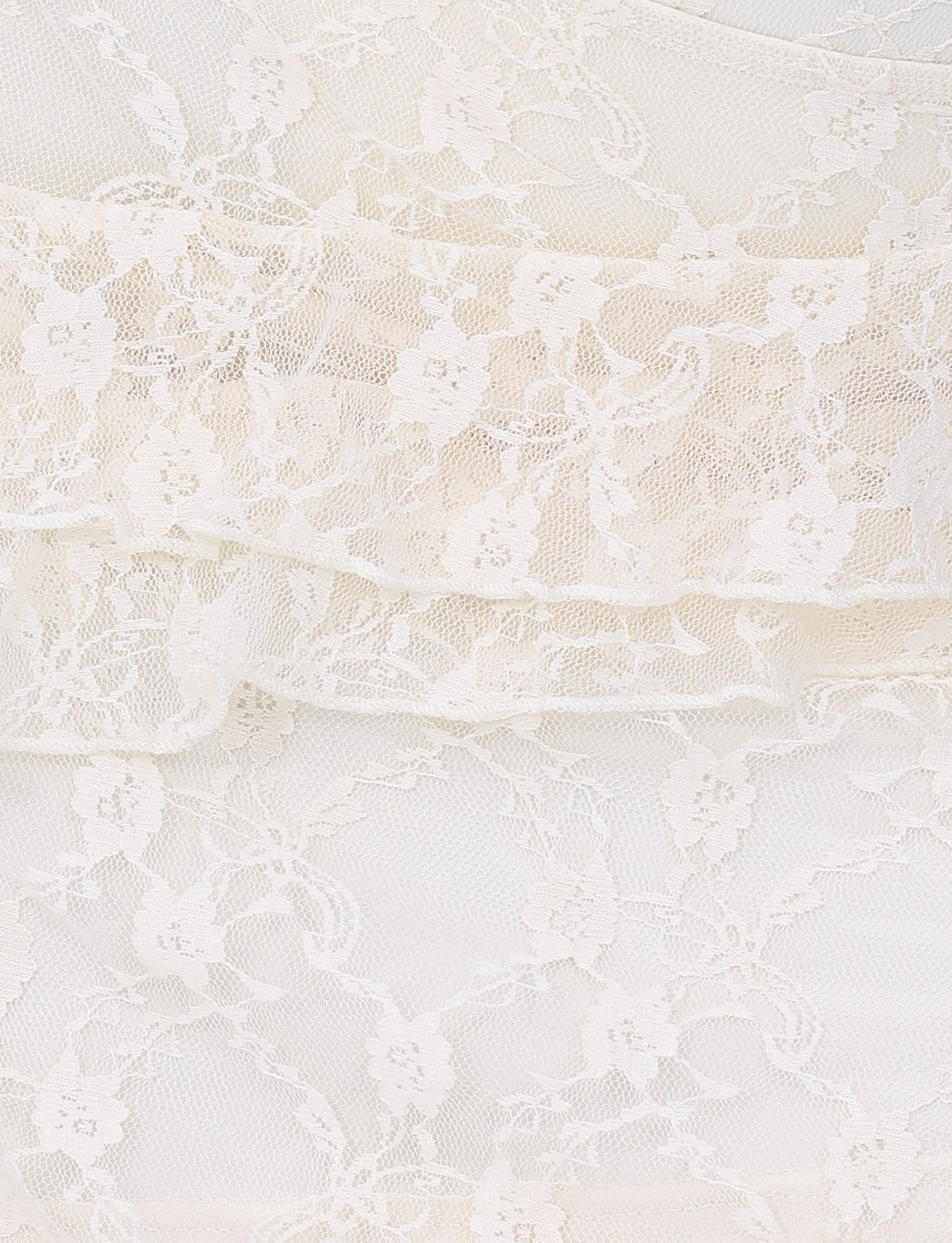 Close-up of layered beige lace fabric with intricate floral patterns by TIGERMIST. The stretch lace provides flexibility, while the sheer texture remains elegant and soft, embodying the feminine allure of the STORMI LACE SKIRT - CHAMPAGNE LACE.