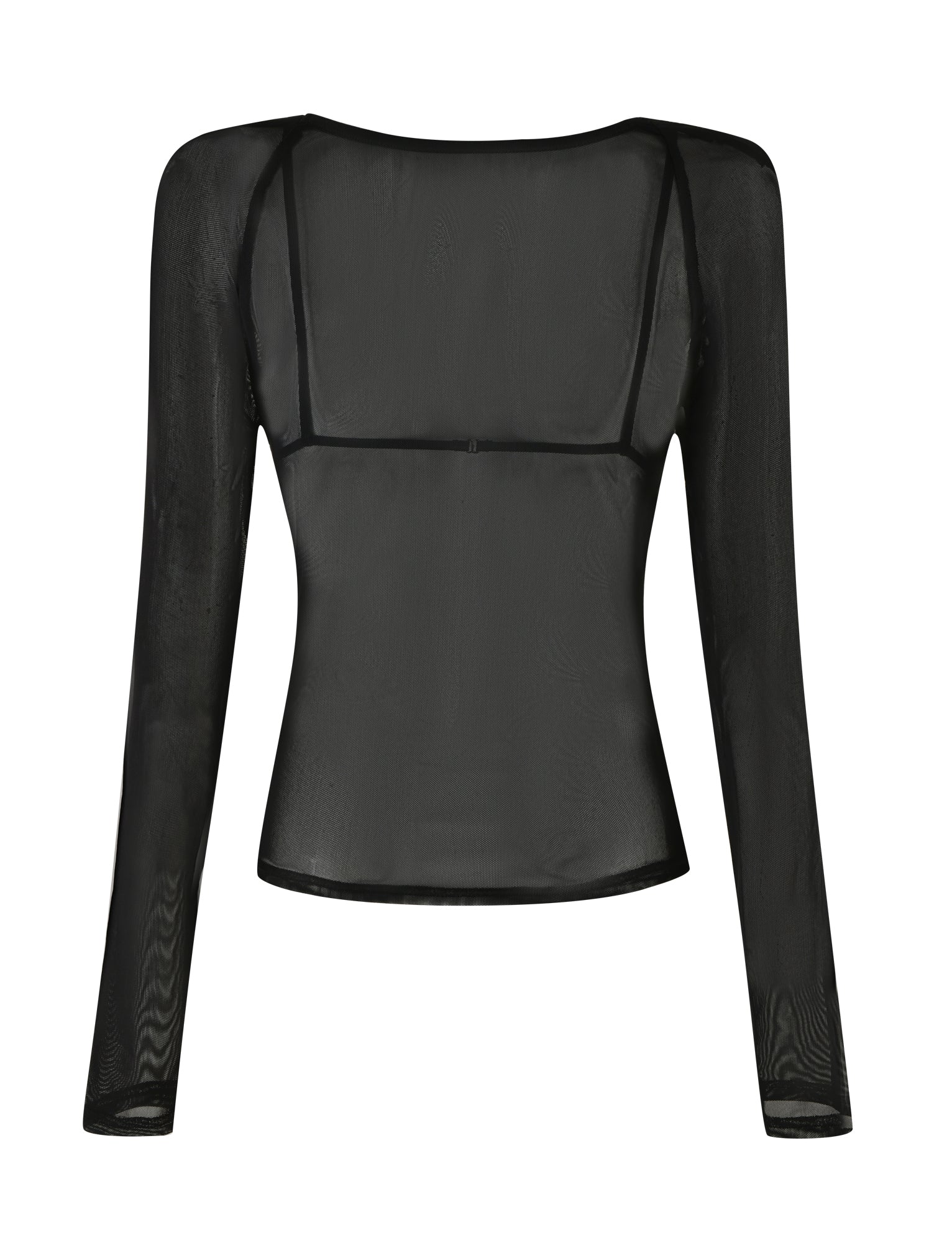 The CHRISTY MESH LONG SLEEVE - BLACK by TIGERMIST is displayed from the back, showcasing a sheer long-sleeve design with a square neckline. The visible seams along the shoulders and sides add to the structured look, while the slightly glossy fabric highlights its transparent design and bodycon silhouette.
