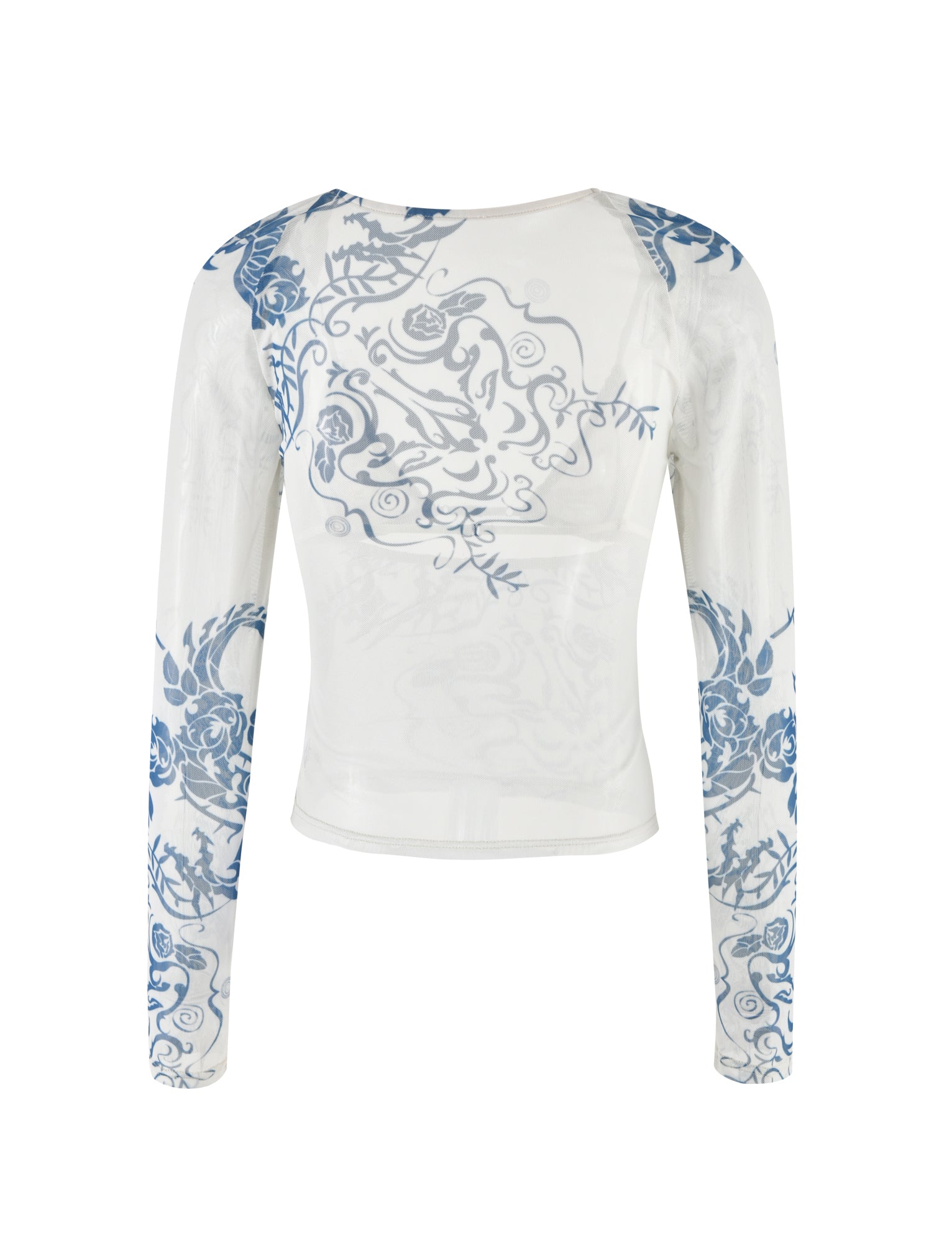 The image showcases the TIGERMIST CHRISTY MESH LONG SLEEVE TOP - BLUE featuring an intricate tattoo print. The delicate blue floral and vine pattern is concentrated on the arms and neck area, creating an elegant and ethereal appearance.