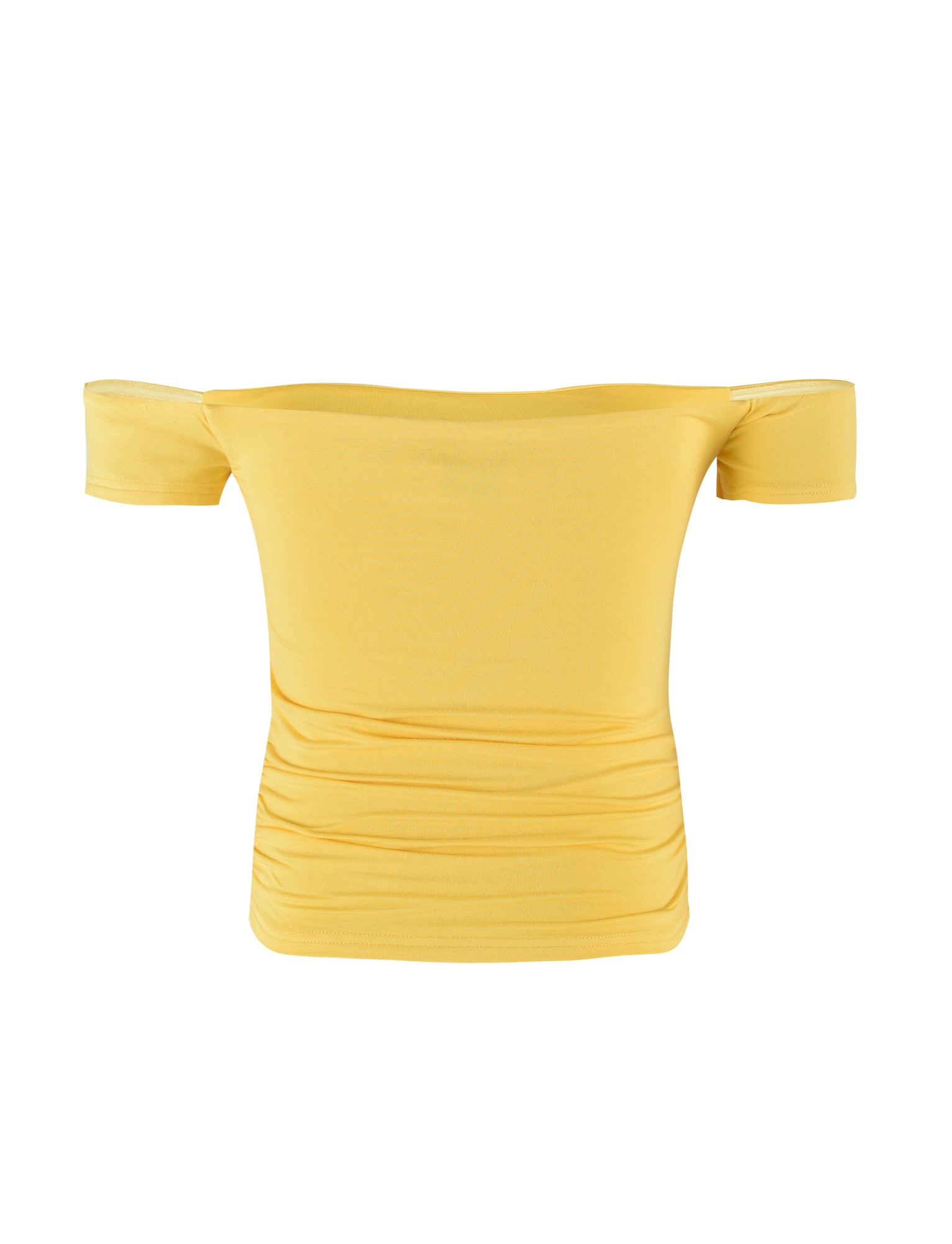 A TIGERMIST CAIDEN TOP in vibrant neon yellow features a chic off-the-shoulder design with short sleeves. This form-fitting piece includes gathered detailing along the sides for added style, and its smooth, stretchy fabric ensures a comfortable fit. The image showcases the front view of this trendy top.