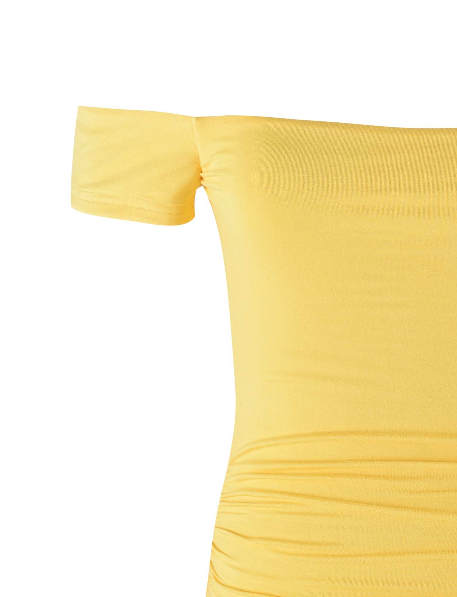 A close-up image of a neon yellow, TigerMist CAIDEN TOP revealing the left sleeve and part of the torso. The fabric seems smooth and stretchy with subtle ruching on the side.