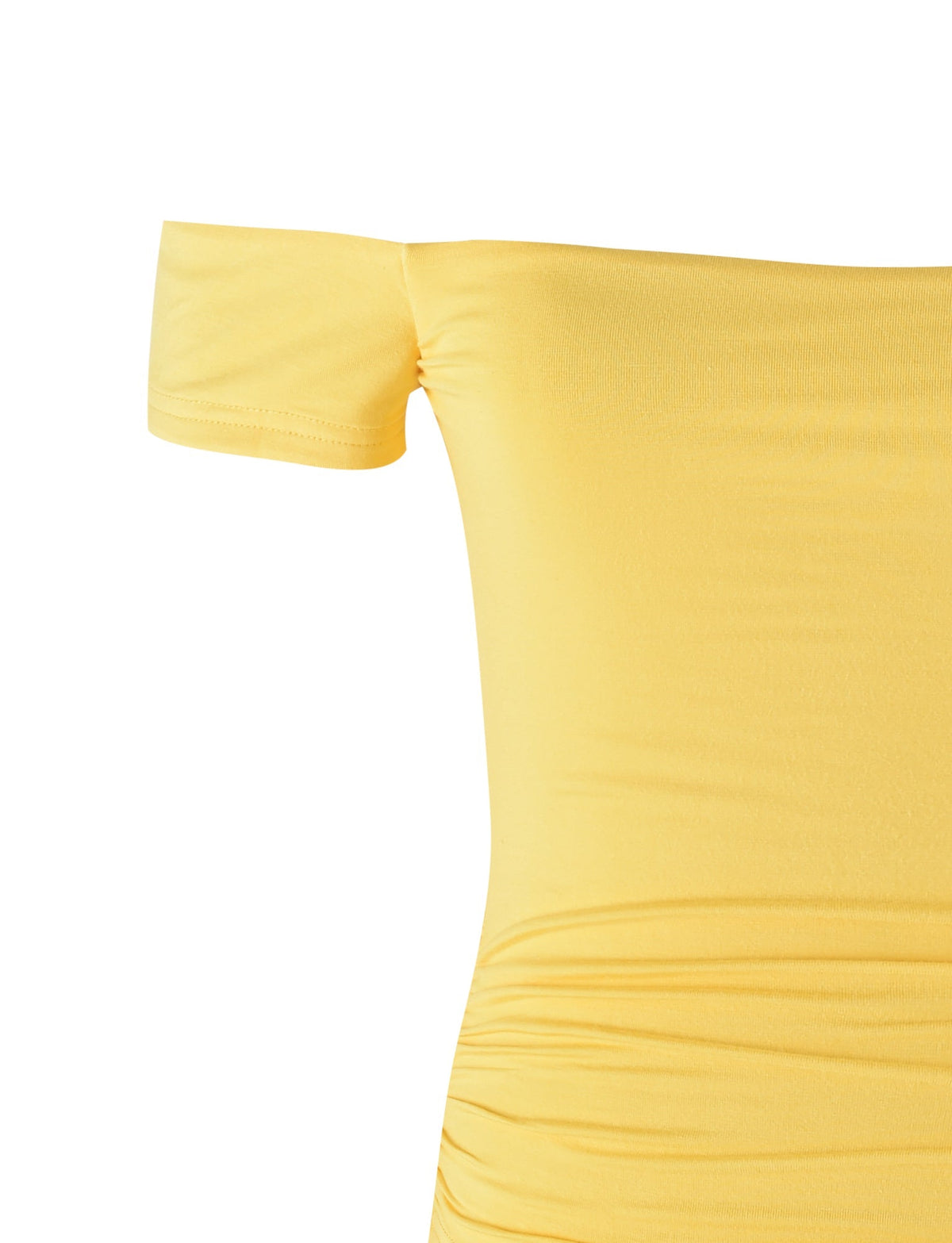 A close-up image of a neon yellow, TigerMist CAIDEN TOP revealing the left sleeve and part of the torso. The fabric seems smooth and stretchy with subtle ruching on the side.