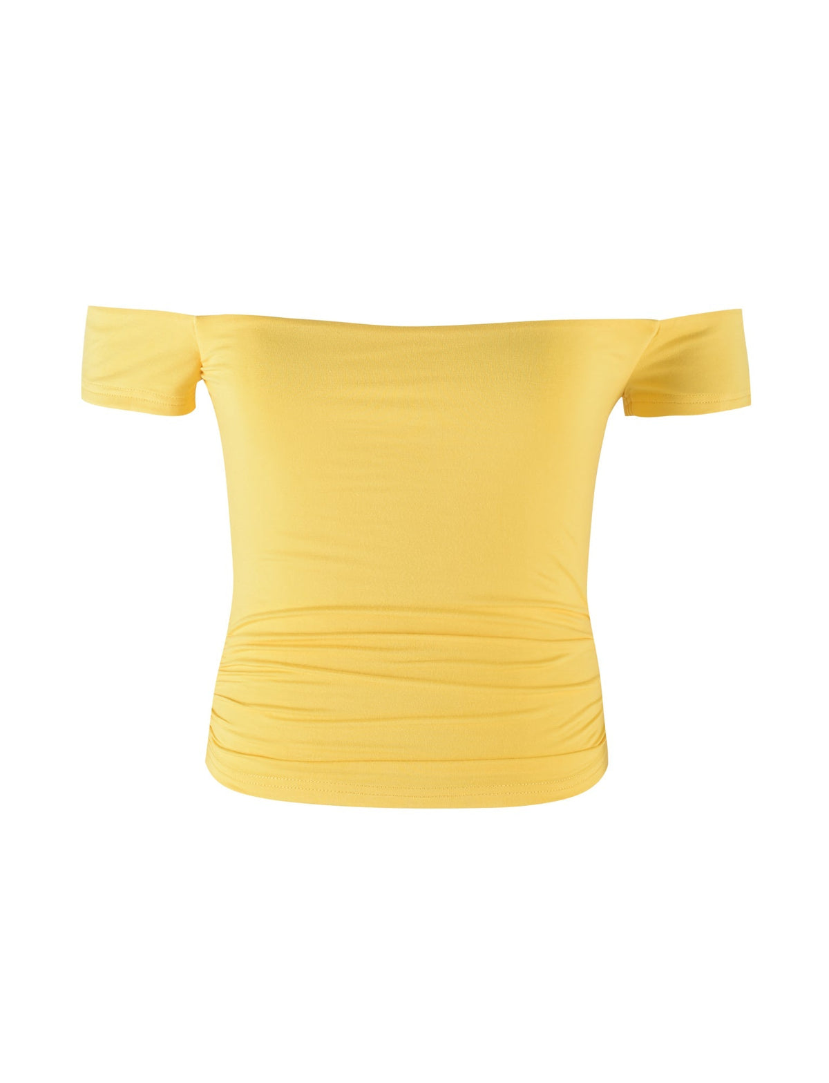 A CAIDEN TOP - YELLOW from TIGERMIST, featuring a bright neon yellow shade and an off-the-shoulder design with short sleeves. The smooth, form-fitting fabric includes slight gathering at the sides near the bottom. The garment is displayed on a plain white background.