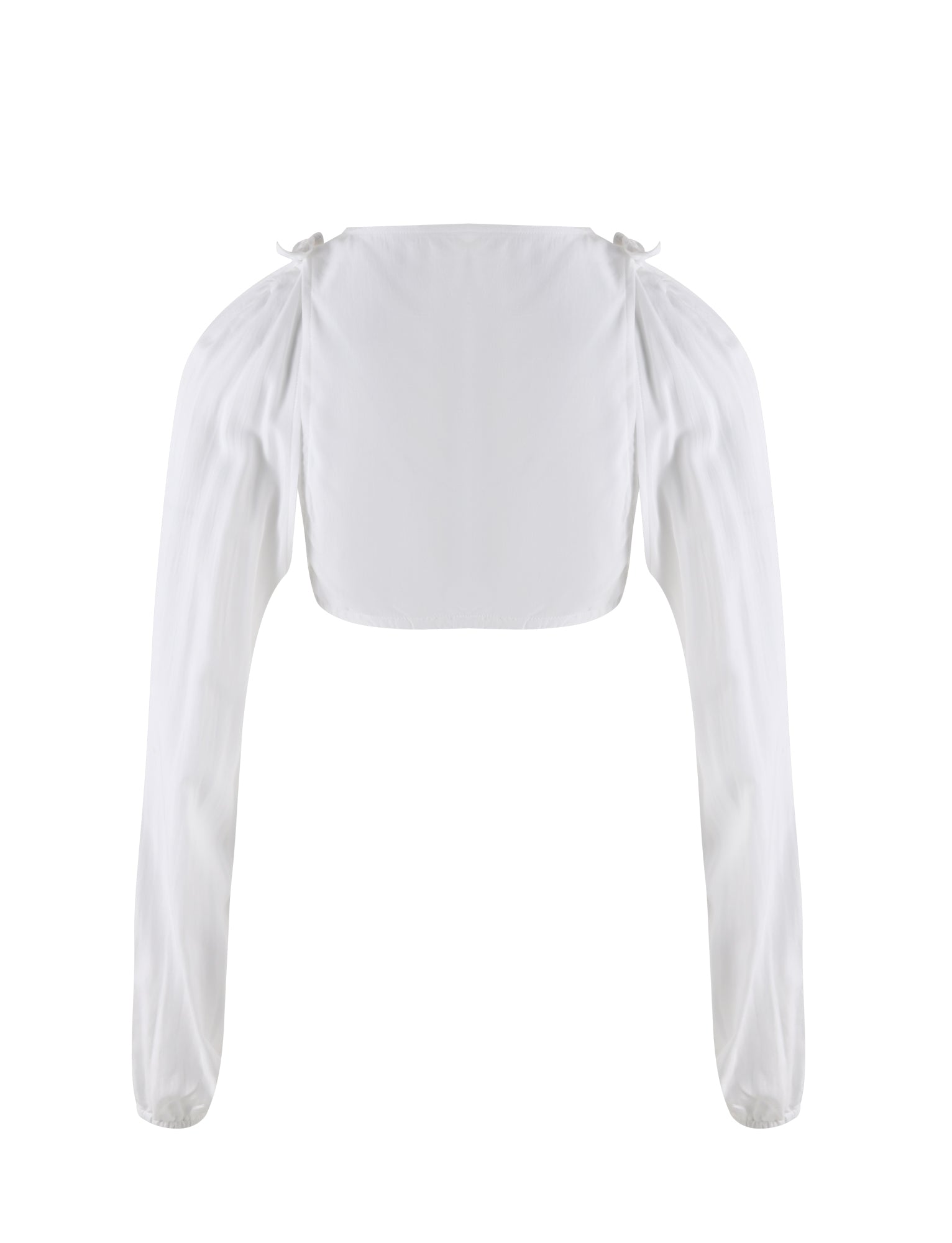 The PHILLIPA TOP - WHITE by TIGERMIST is a chic, off-shoulder crop top featuring long sleeves, a square neckline, and gathered fabric detail on the shoulders. Made from lightweight material, this top has a soft and flowing appearance.