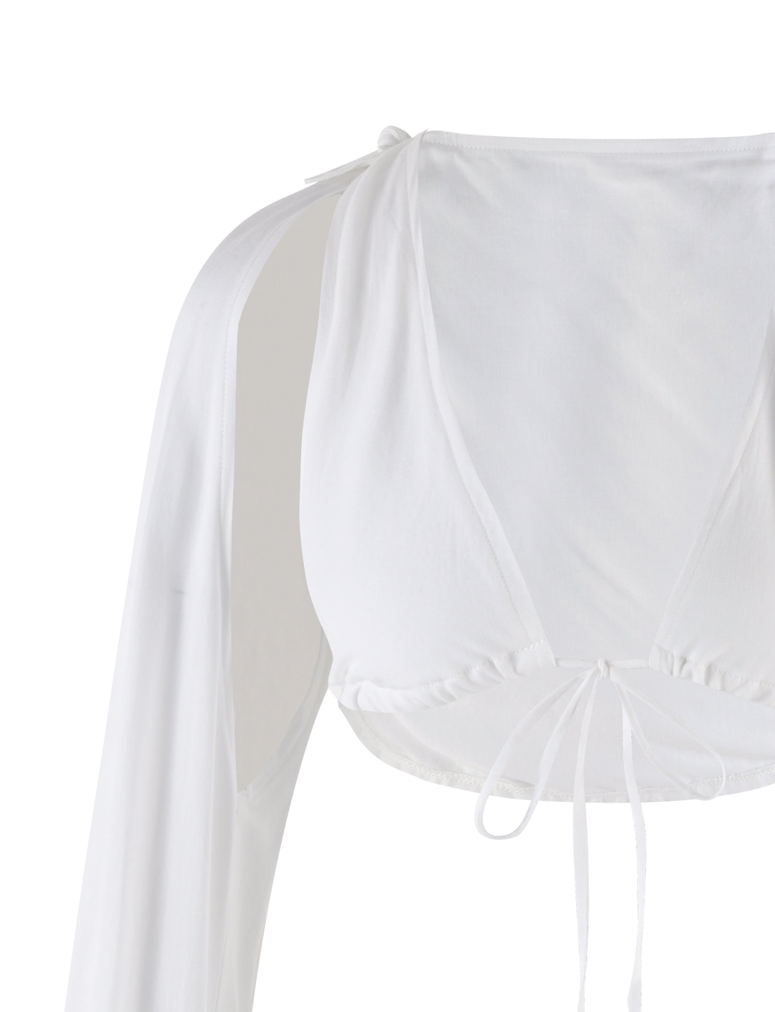 The image showcases the PHILLIPA TOP - WHITE from TIGERMIST, a white, long-sleeve, cropped blouse. This top features an open shoulder design with straps tying at the shoulders and around the bust. The fabric appears soft and lightweight with a slight sheen, combining a v-neck inner layer with an outer layer that is bandeau-shaped.