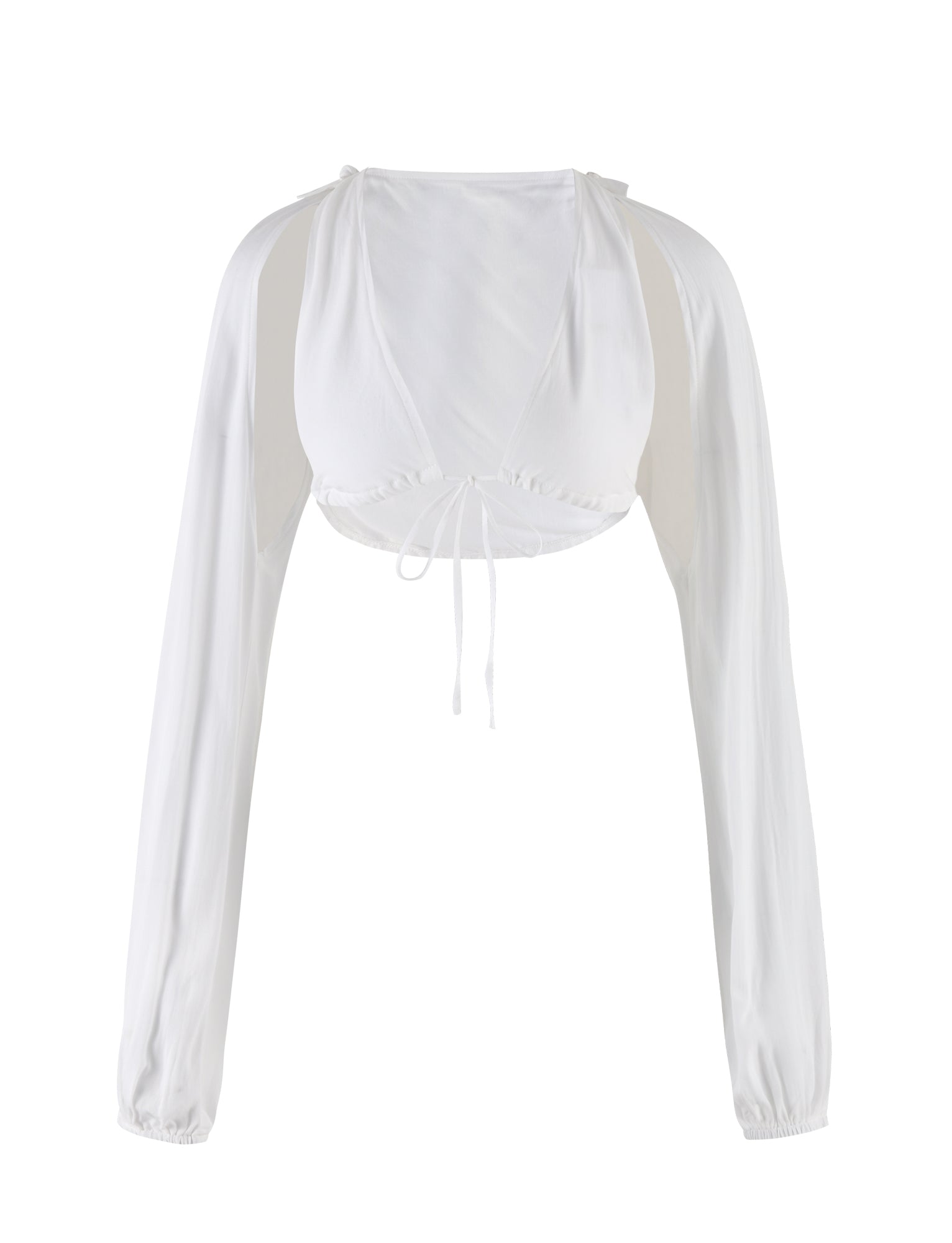Introducing the Phillipa Top in white from TIGERMIST, a stylish cropped blouse with long sleeves, a deep V-neckline, and a tie closure at the front. The lightweight and airy fabric makes it perfect for warm weather.