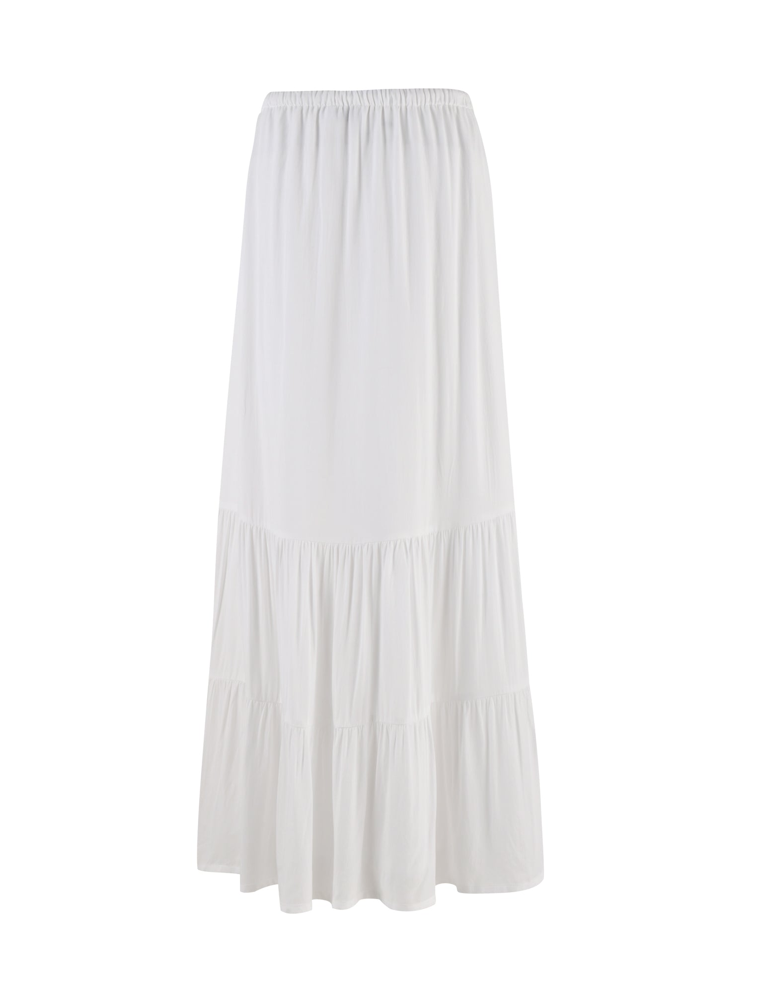 The PHILLIPA SKIRT - WHITE from the TIGERMIST collection is an ankle-length, A-line skirt featuring a tiered design. It boasts an elastic waistband and is crafted from a flowing, lightweight fabric that ensures a comfortable and relaxed fit.