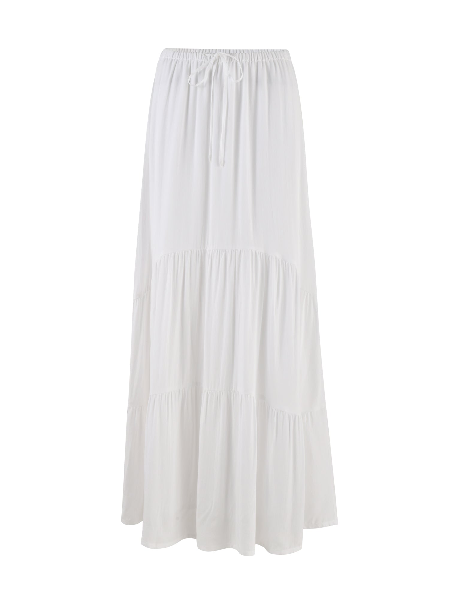 The PHILLIPA SKIRT - WHITE from TIGERMIST is a flowing white skirt with a drawstring waistband. It boasts a tiered design, offering both casual and elegant appeal. The lightweight fabric makes it perfect for warm weather.