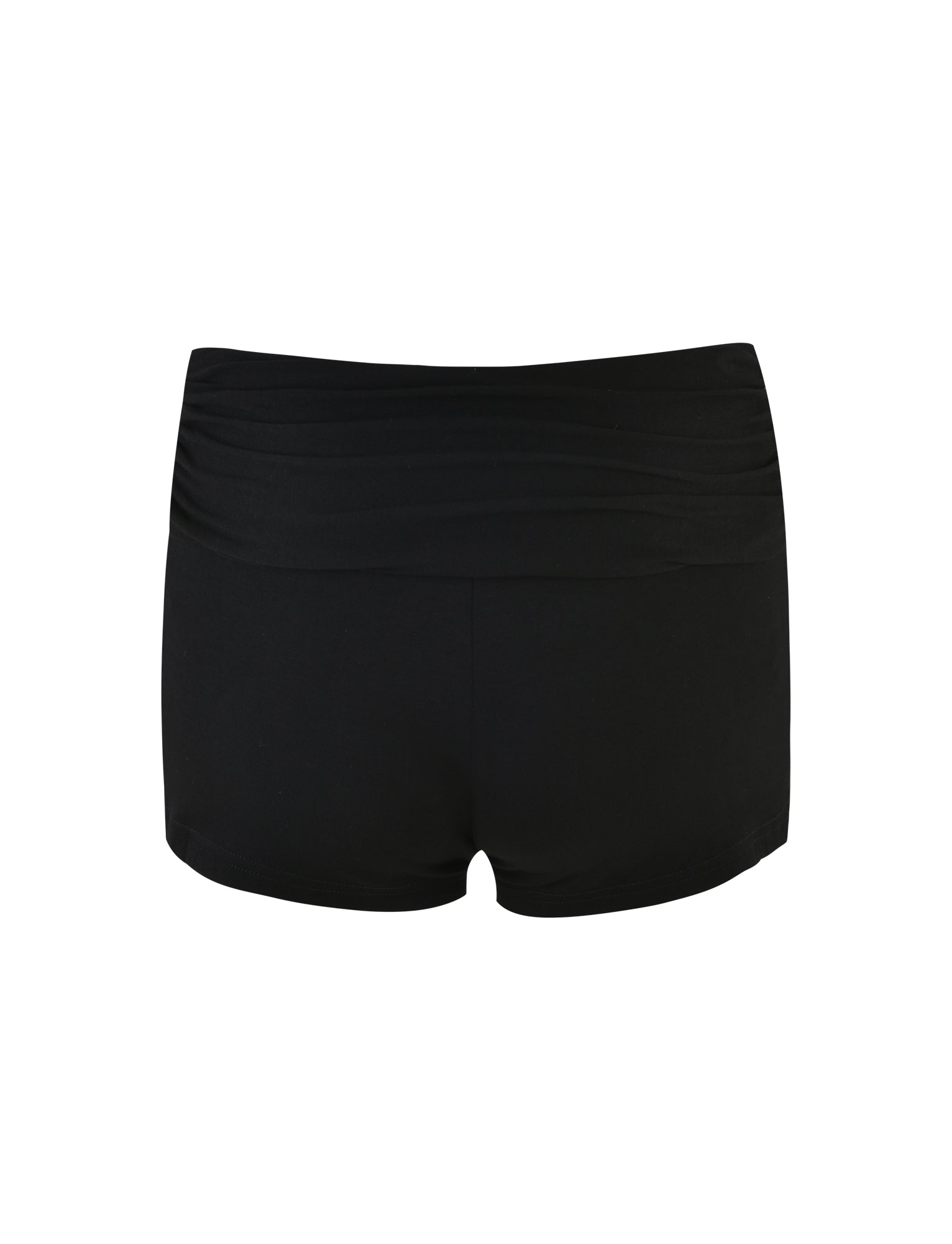 A rear view of the KARINA SHORT - BLACK by TIGERMIST shows a pair of black athletic shorts with a plain design, featuring a wide waistband and no visible logos or designs.