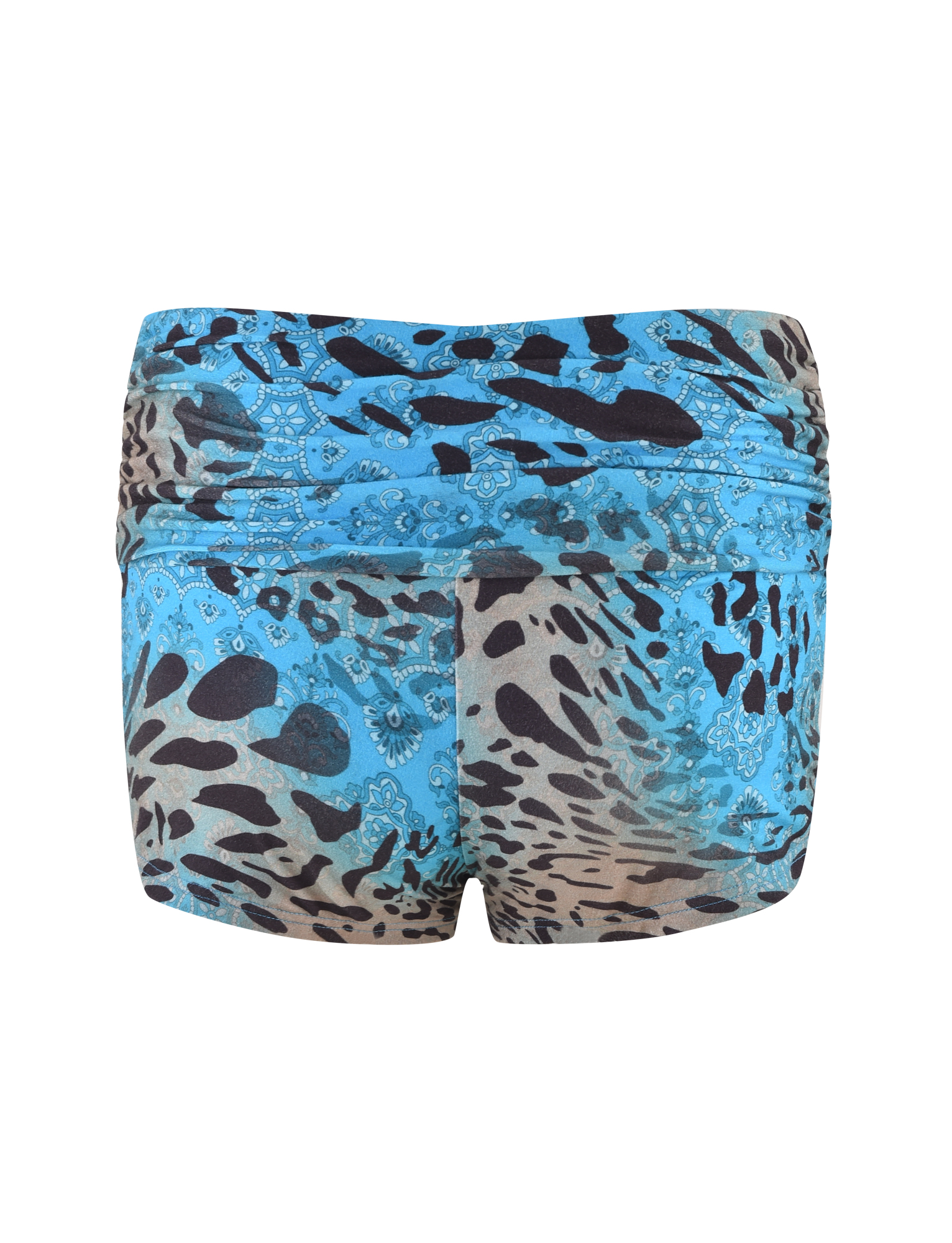 The KARINA SHORT - MULTI : LEOPARD : LEOPARD SWIRL by TIGERMIST features blue and brown abstract animal and paisley prints, shown from the back against a white background.