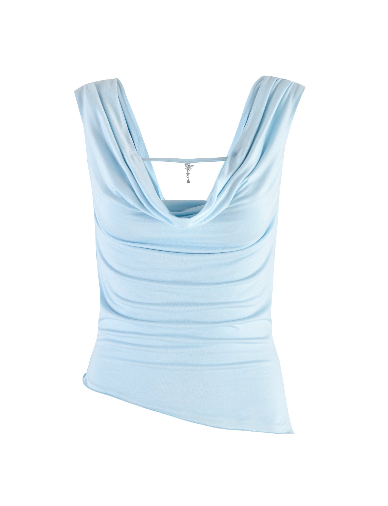 The Karina Top in pastel blue from Tigermist boasts a draped cowl neckline and a delicate spaghetti strap across the back. The fabric is soft with a slight ruching, and the asymmetrical hemline enhances its stylish and elegant look.