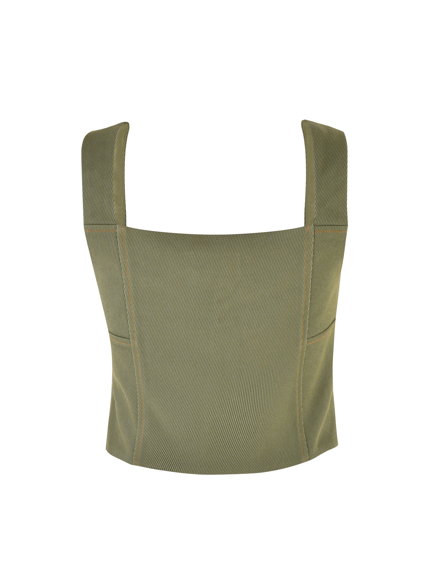 The SULLIVAN TOP - GREEN from TIGERMIST is a khaki green cropped tank top featuring thick shoulder straps and a square neckline. The fabric has a slight texture with subtle seam details running vertically from the bottom hem, offering a snug, fitted design.