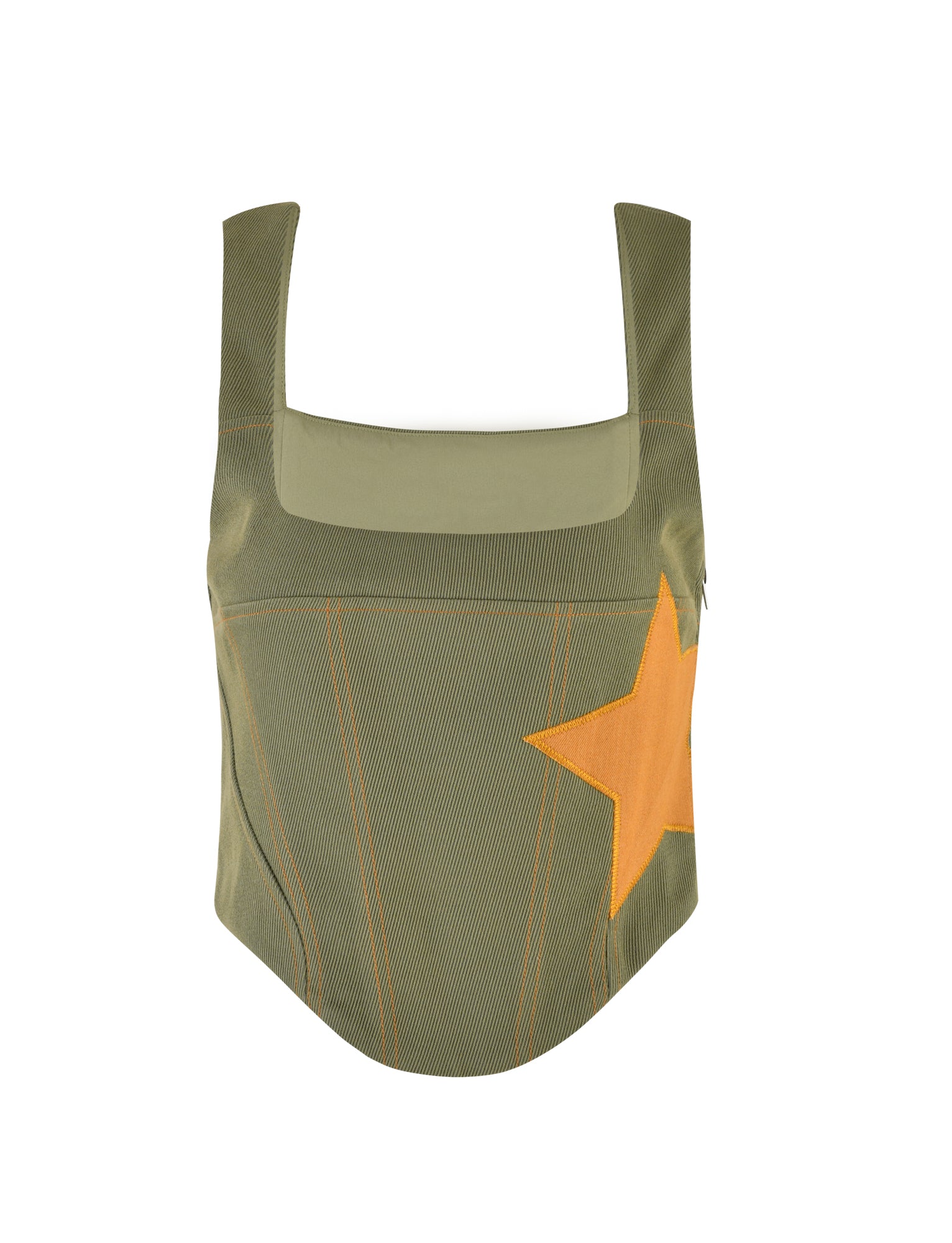 A khaki green Sullivan top from TigerMist, featuring structured design, a squared neckline, broad straps, and a prominent orange star design on the right side. The fabric appears textured with vertical stitching details. The background is plain white.