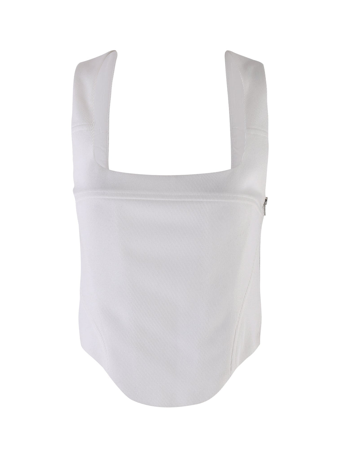 Introducing the Sullivan Top - White by Tiger Mist, a ribbed crop top featuring wide shoulder straps and a square neckline. The textured material of this slim-fit design accentuates its structured style, with the back and bottom edges not visible in the front-facing view.