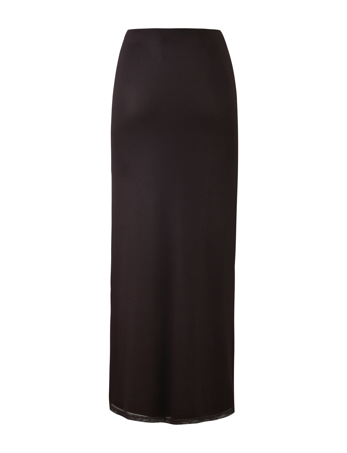 A long, brown skirt named the "Nanci Skirt - Brown : Butterfly" from TIGERMIST is depicted against a white background. The skirt has a slim, form-fitting design and falls to the ankles. The fabric appears smooth with a slight sheen, emphasizing its sleek and elegant look.