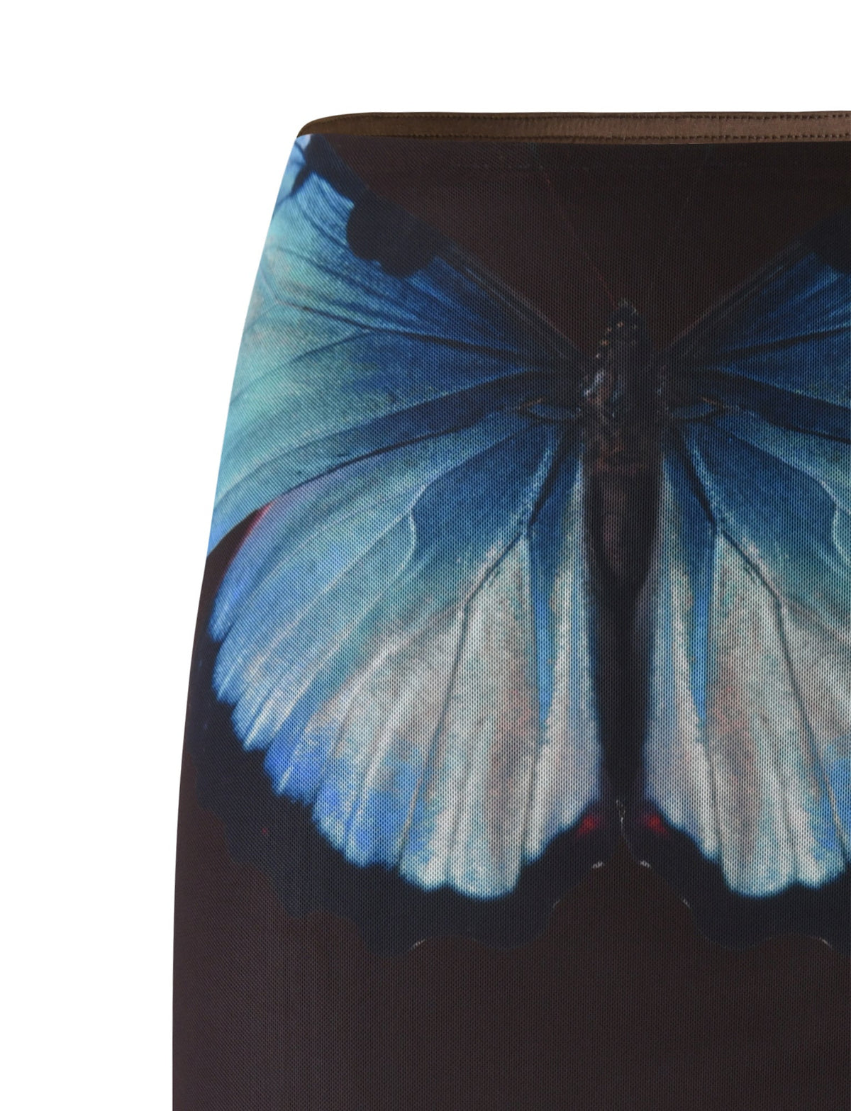 A close-up view of the NANCI SKIRT - BROWN : BUTTERFLY from TIGERMIST showcases a realistic print of a large blue butterfly with black-edged wings. The vivid and intricate colors and details of the butterfly are set against a dark background.