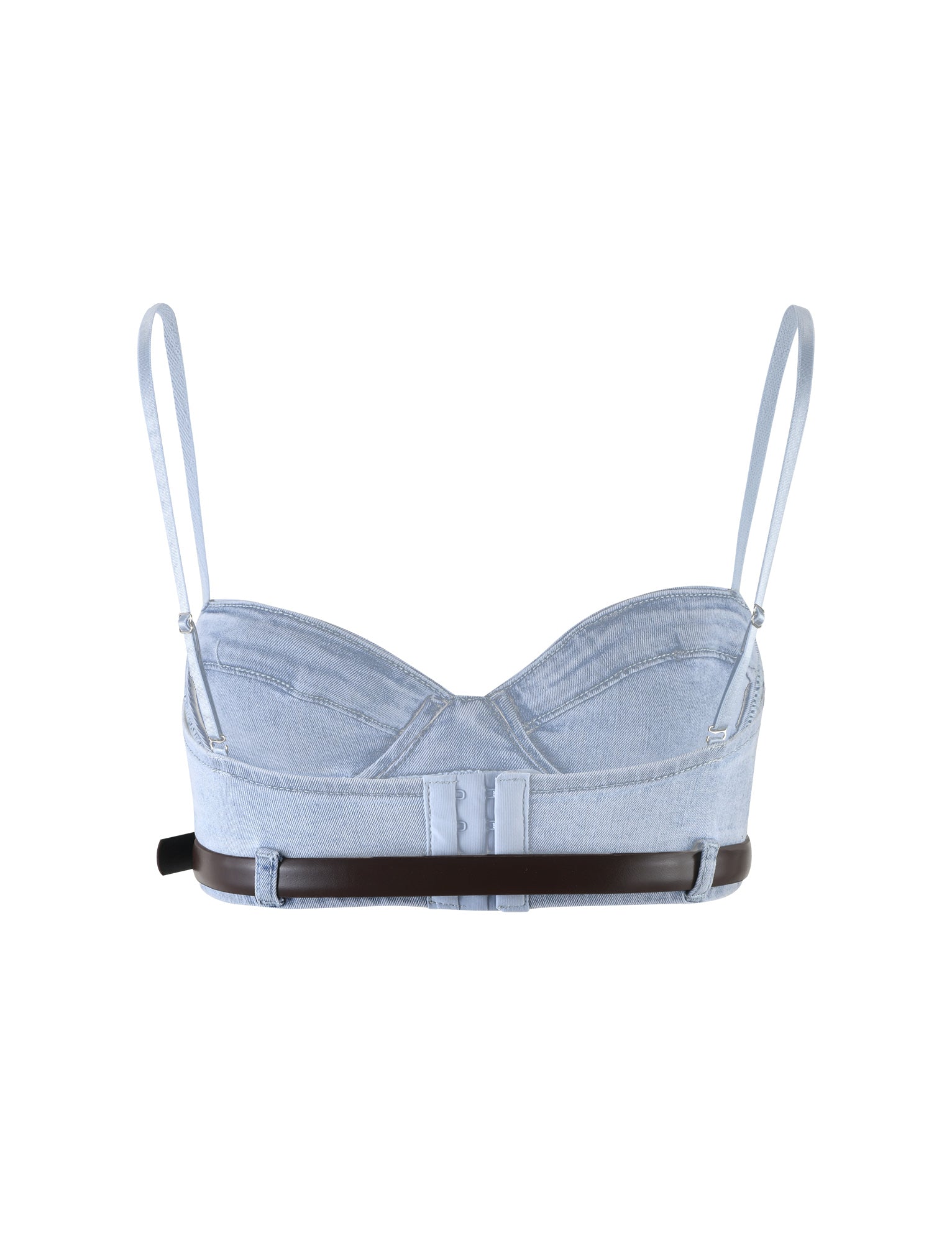 The FLETCHER TOP from TIGERMIST in denim blue is a stylish crop top featuring thin adjustable straps and a sweetheart neckline. The back showcases a combination of denim and brown leather-like material, complete with a unique cutout design and buckle closure.