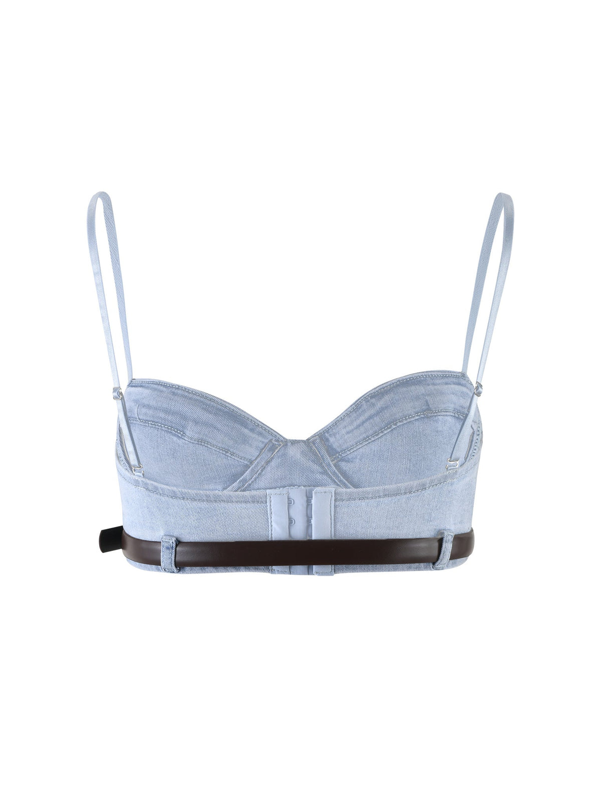 The FLETCHER TOP from TIGERMIST in denim blue is a stylish crop top featuring thin adjustable straps and a sweetheart neckline. The back showcases a combination of denim and brown leather-like material, complete with a unique cutout design and buckle closure.
