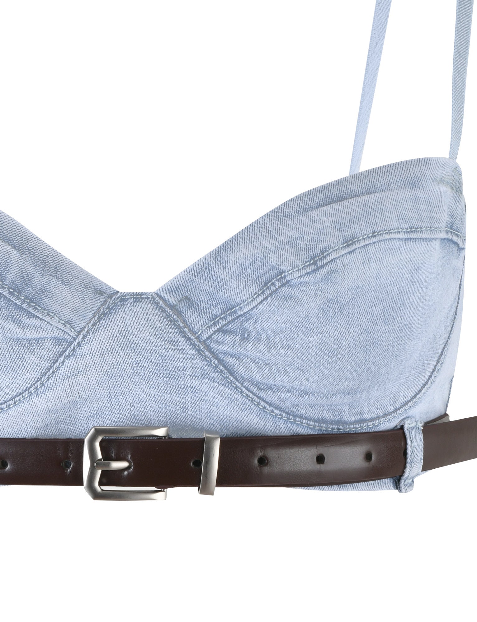 Close-up of the FLETCHER TOP - BLUE from TIGERMIST, a light blue denim bustier with thin straps, accented by a dark brown leather belt with a silver buckle around the underbust. The TIGERMIST design provides a striking contrast to the fabric's denim blue color.