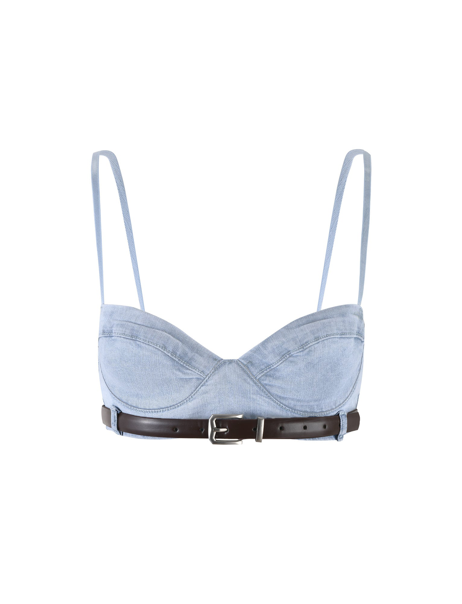 The FLETCHER TOP - BLUE from TIGERMIST is a light blue denim bralette with thin shoulder straps and a black leather belt detail at the bottom, featuring a silver buckle in the center.