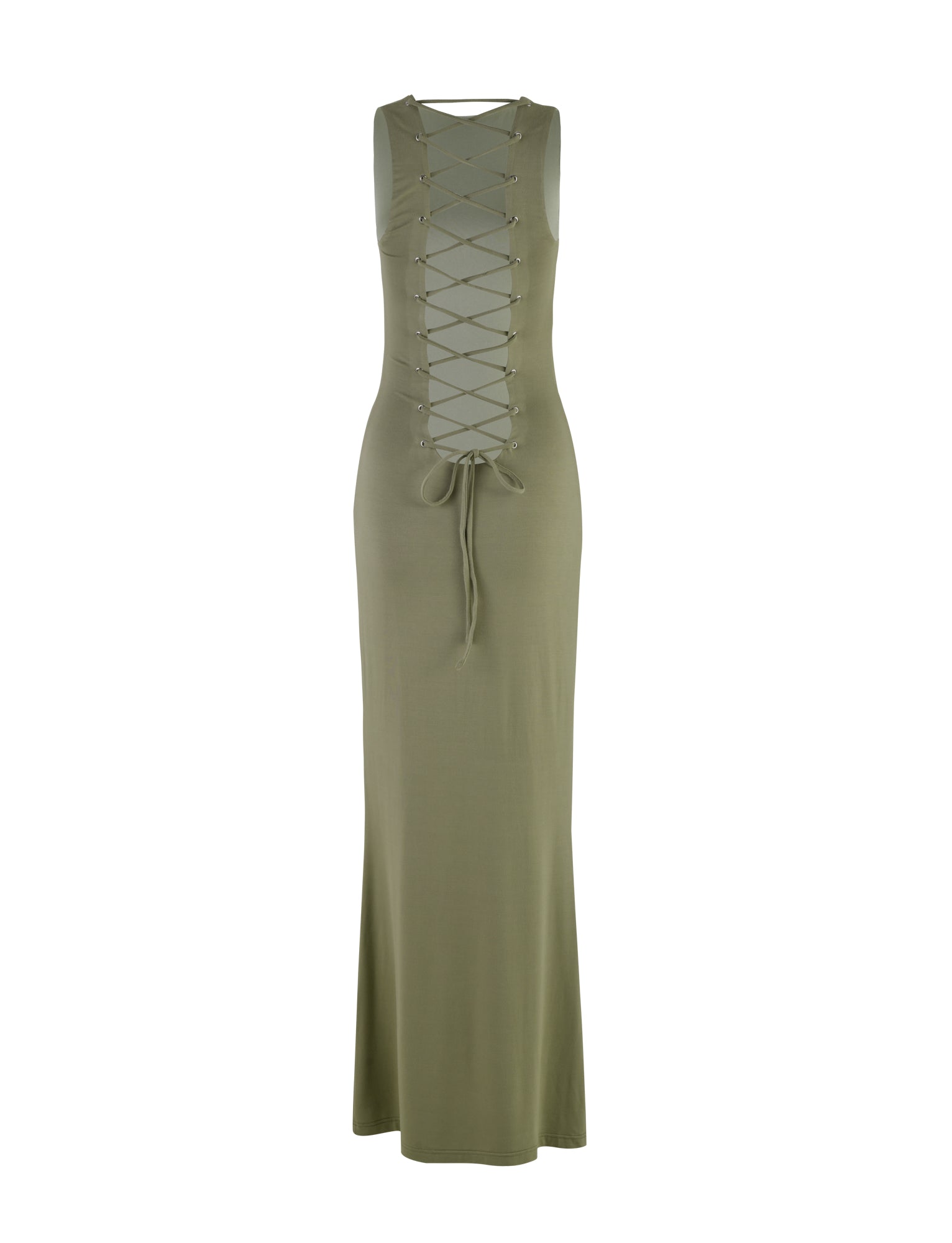 The ZAHRAA DRESS in Moss Green from TIGERMIST is a sleeveless, floor-length dress featuring a lace-up front design with crisscrossing strings, creating a deep V-shaped opening that ties at the waist. This dress has a fitted silhouette and is made from smooth, stretchy fabric.